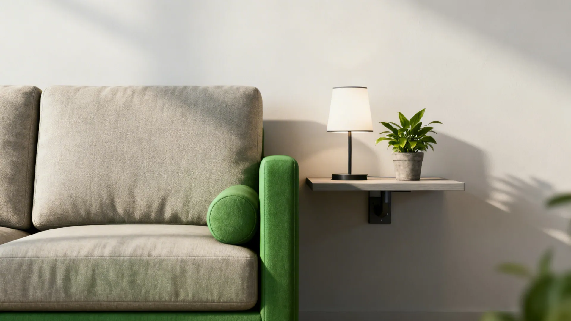 Loveseat beside a wall-mounted floating shelf holding a lamp and plant.