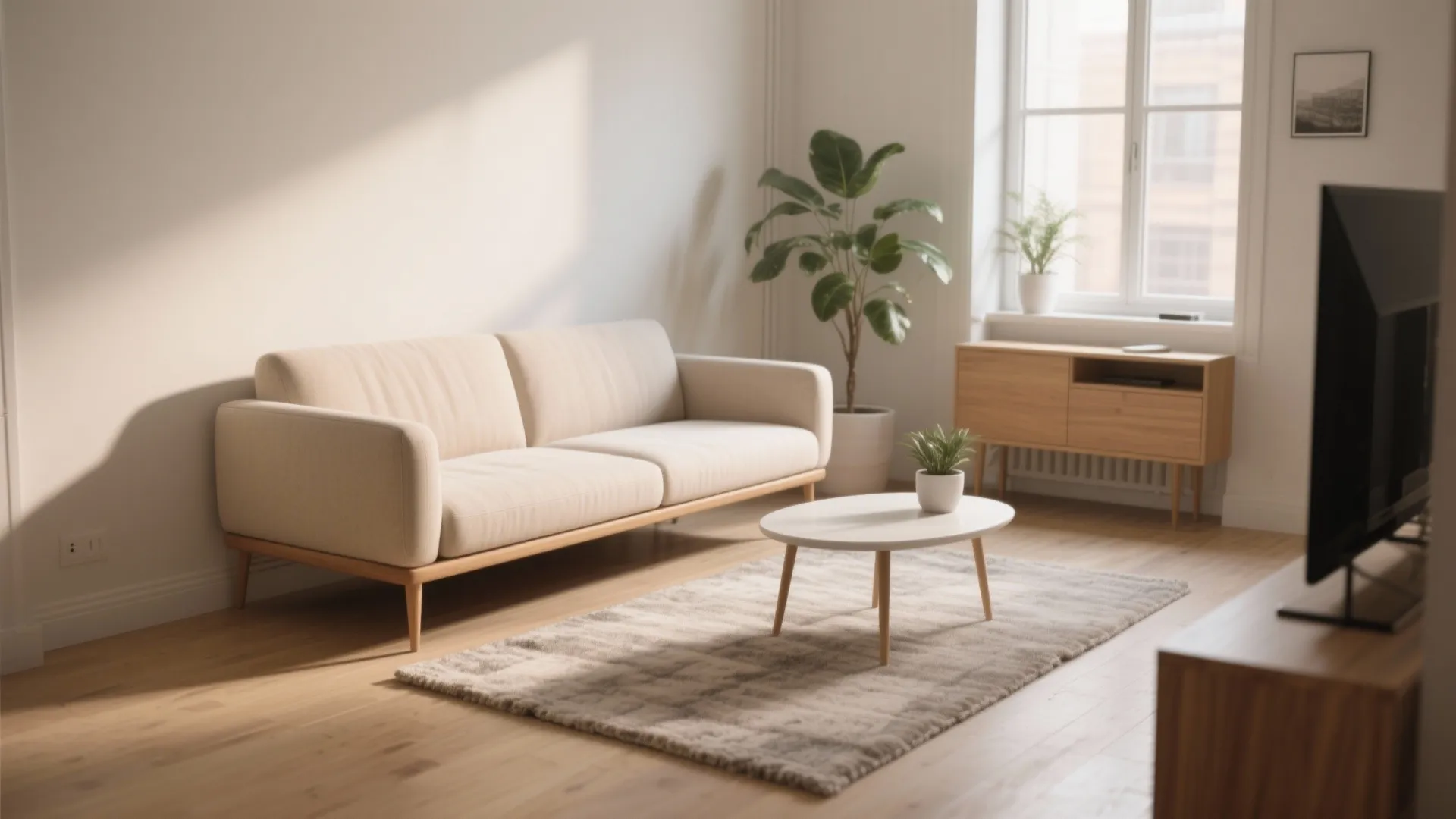 Modern living room with a beige sofa white coffee table wooden floor and large green plant
