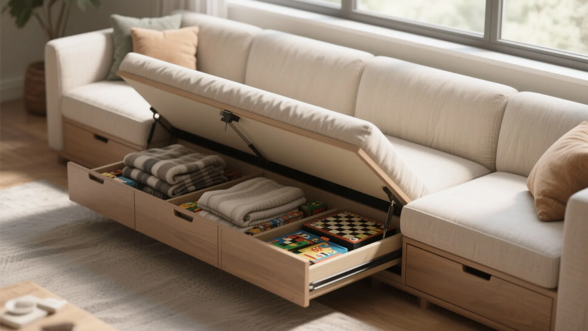 Cream sofa with open wooden storage drawers containing folded blankets and board games in room