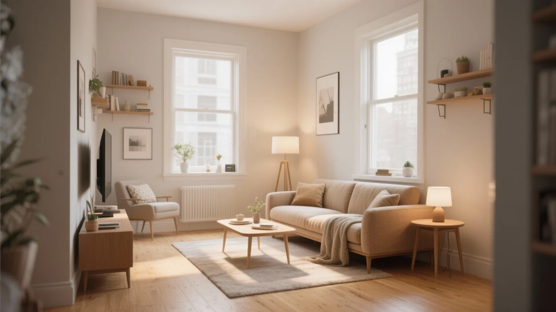 Warm cozy living room with beige sofa small wooden table television and soft warm lighting