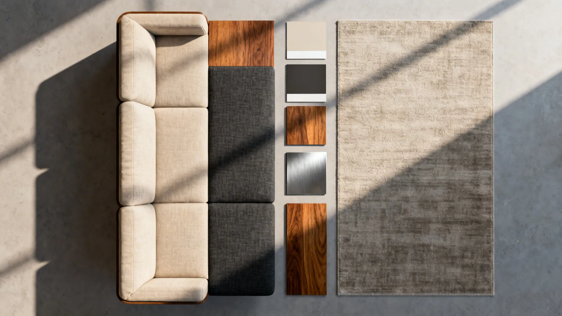 Flat lay of upholstery, rug, wood, metal, and accent color samples for a balanced living room palette.