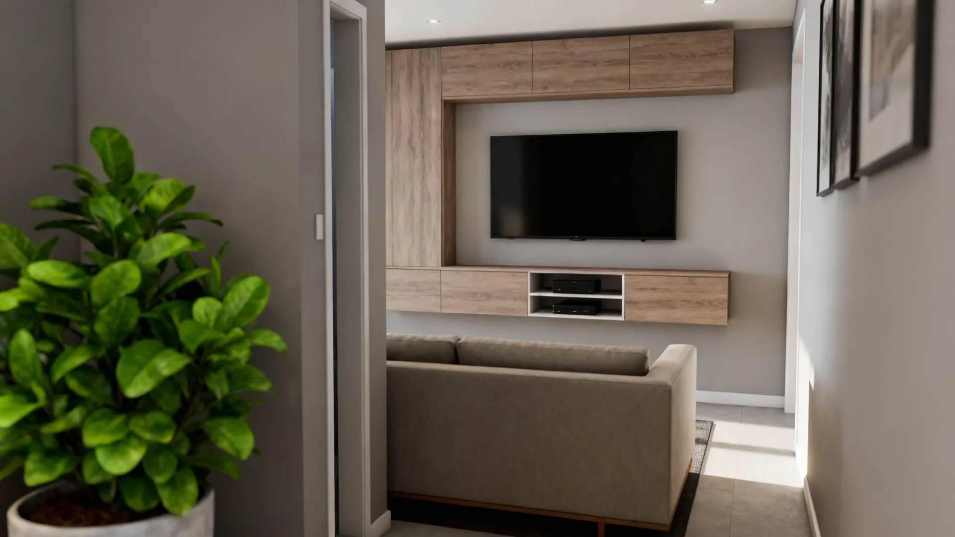 Loveseat placed opposite a wall-mounted media unit in a compact living room