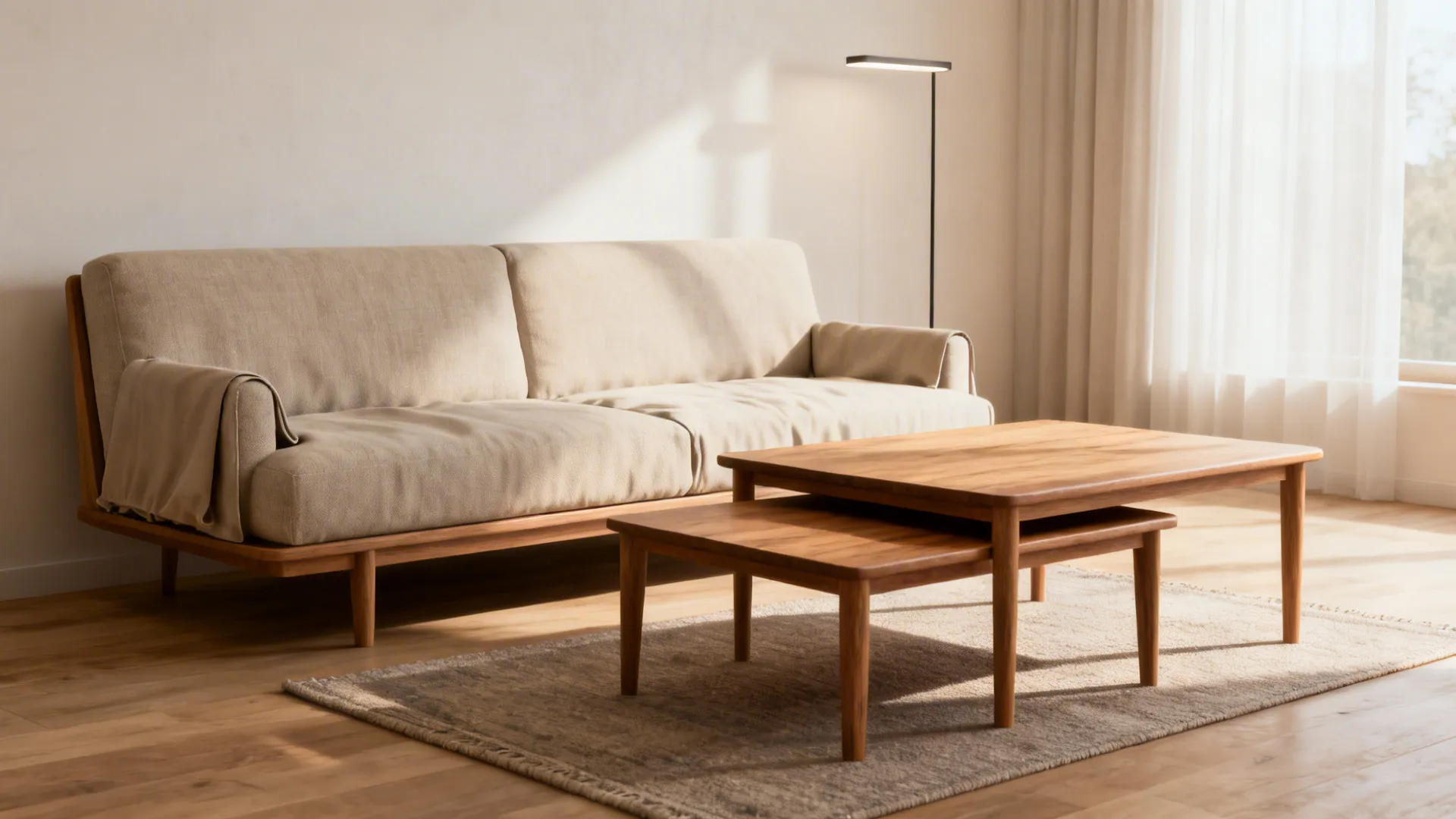 Slim loveseat with nesting wooden coffee tables in a compact apartment living room