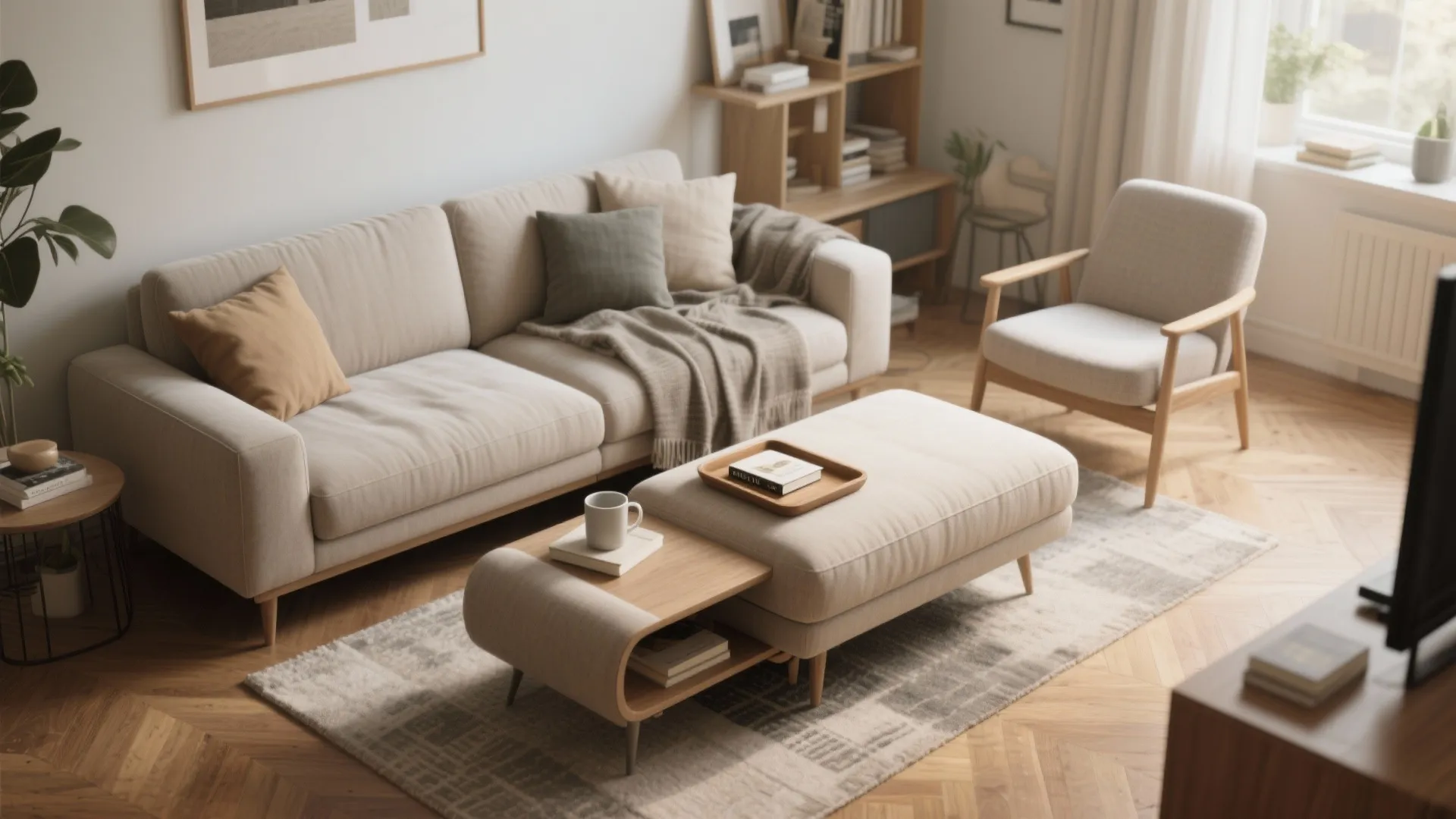Beige sofa and footrest in a living room with wooden furniture and a patterned rug