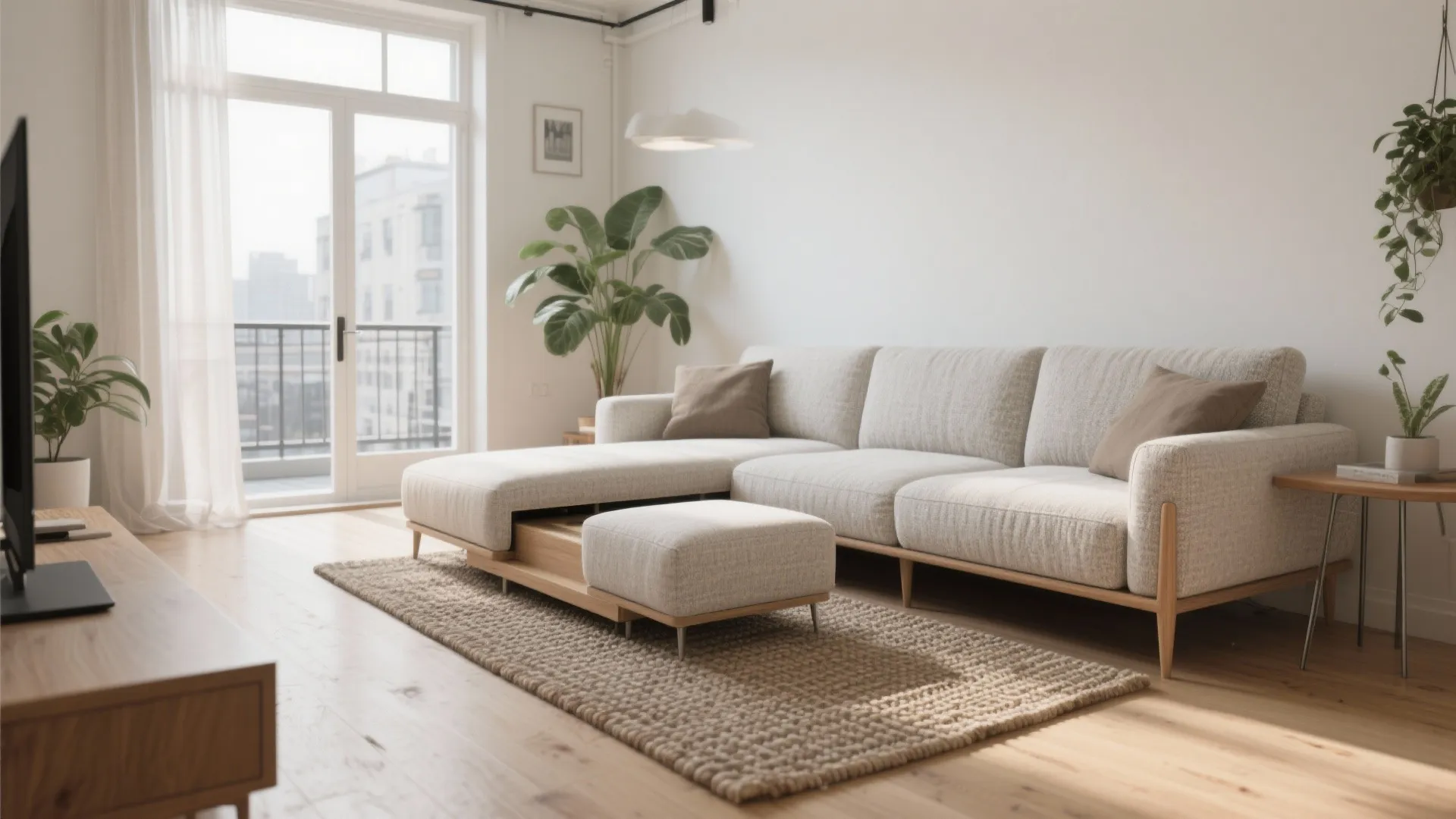 Modular apartment loveseat with movable storage ottoman forming a chaise in a tiny living room.