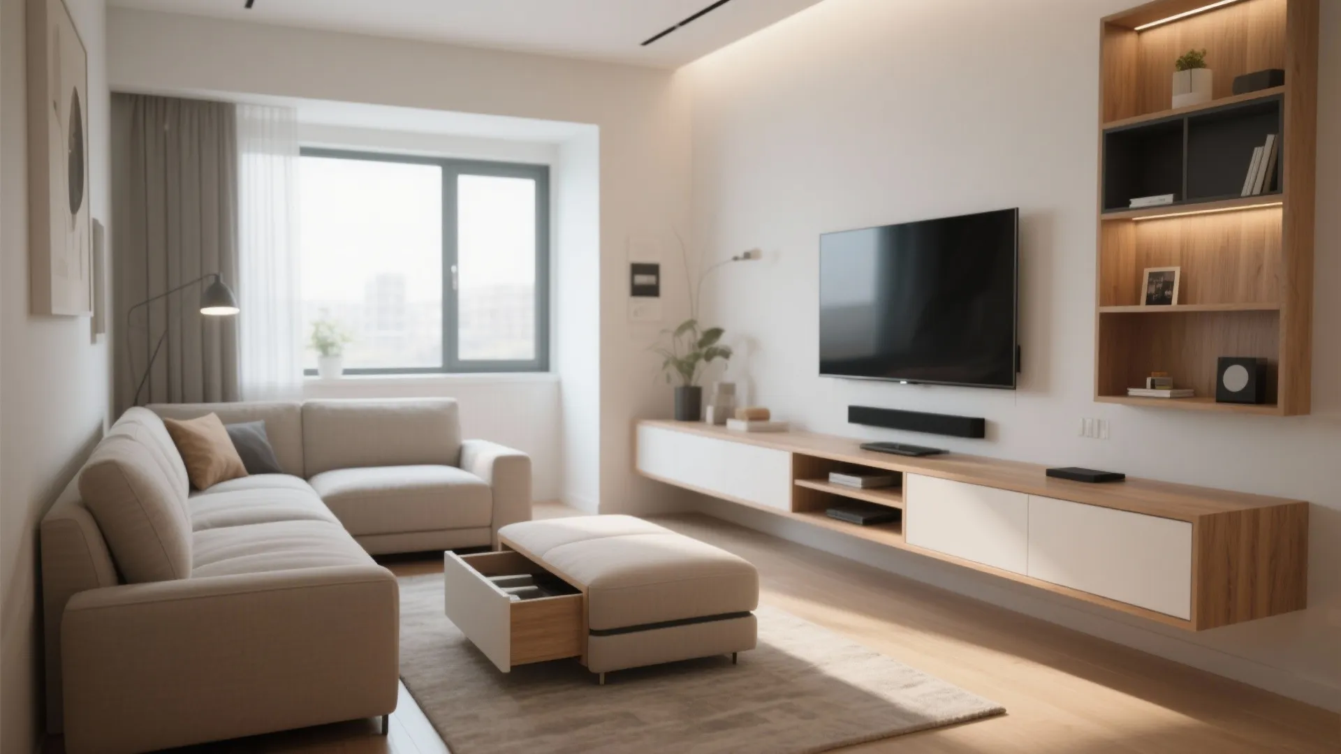 2. Loveseat + Compact Ottoman + Wall-Mounted Media Unit