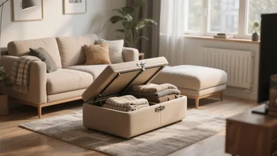 Cozy Living Room with Storage Ottoman and Neutral Palette