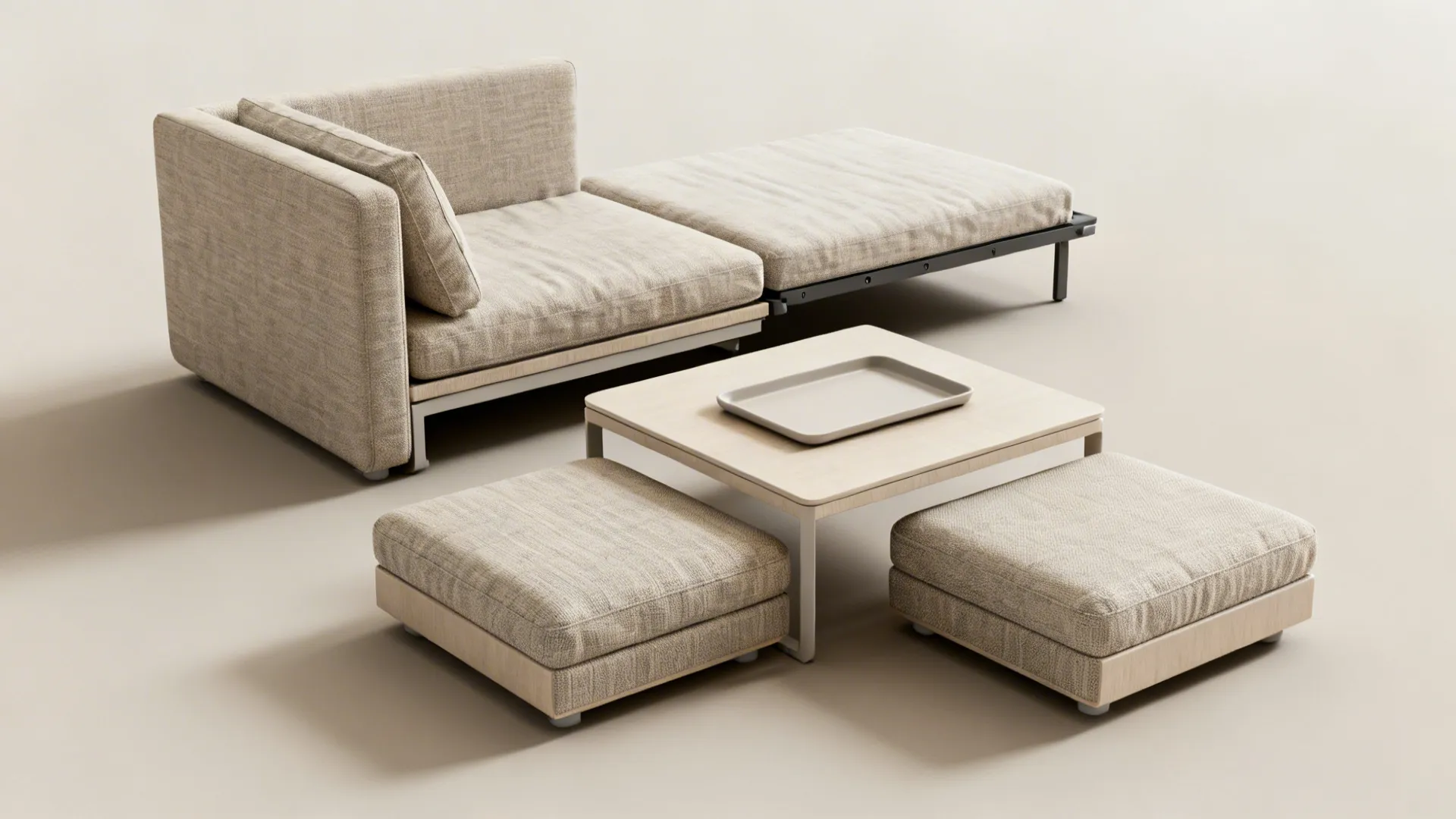 Convertible loveseat with matching ottoman serving as a tray-topped coffee surface in a small living room