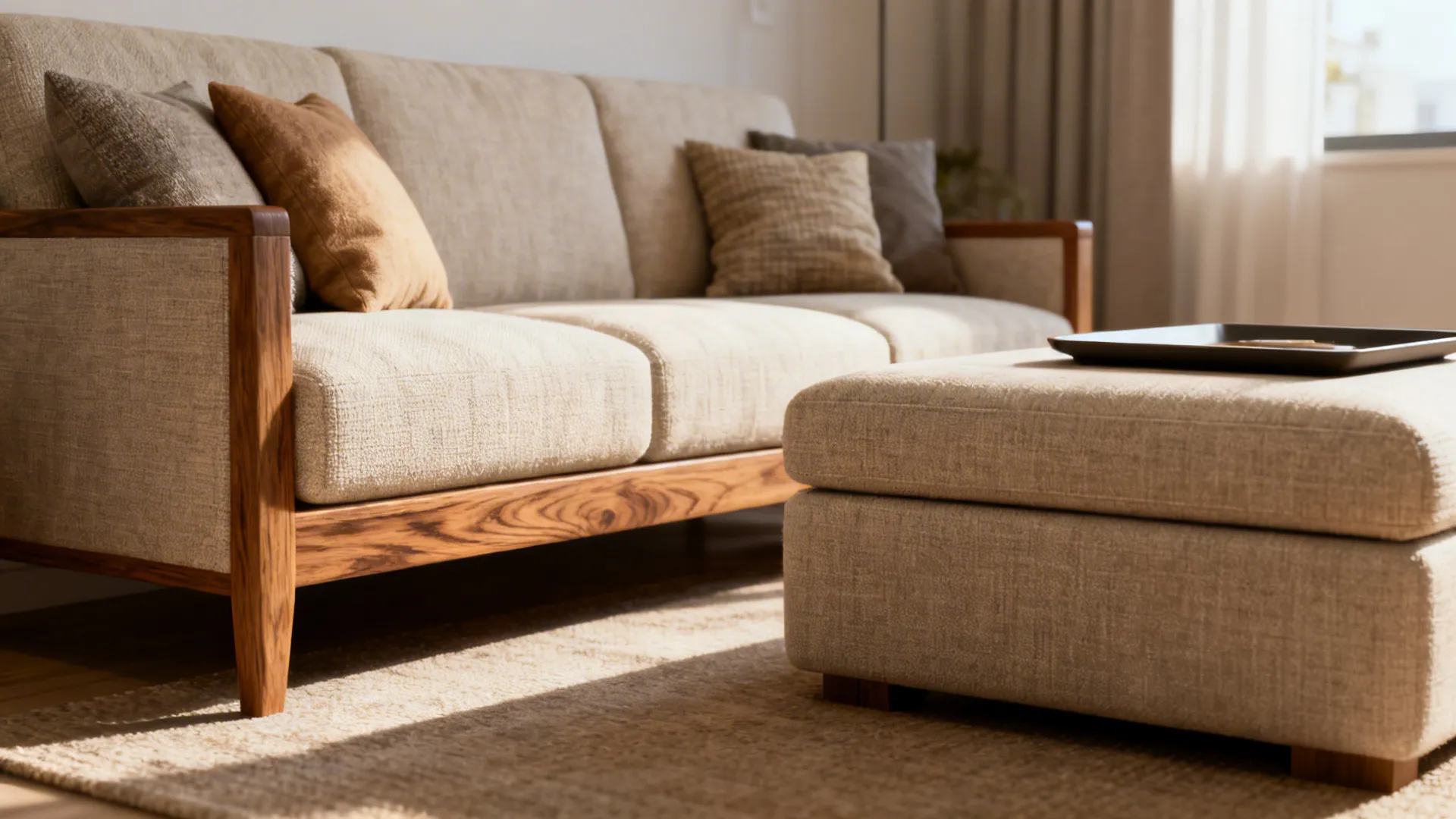 Loveseat with large ottoman doubling as a coffee table in a small living room.