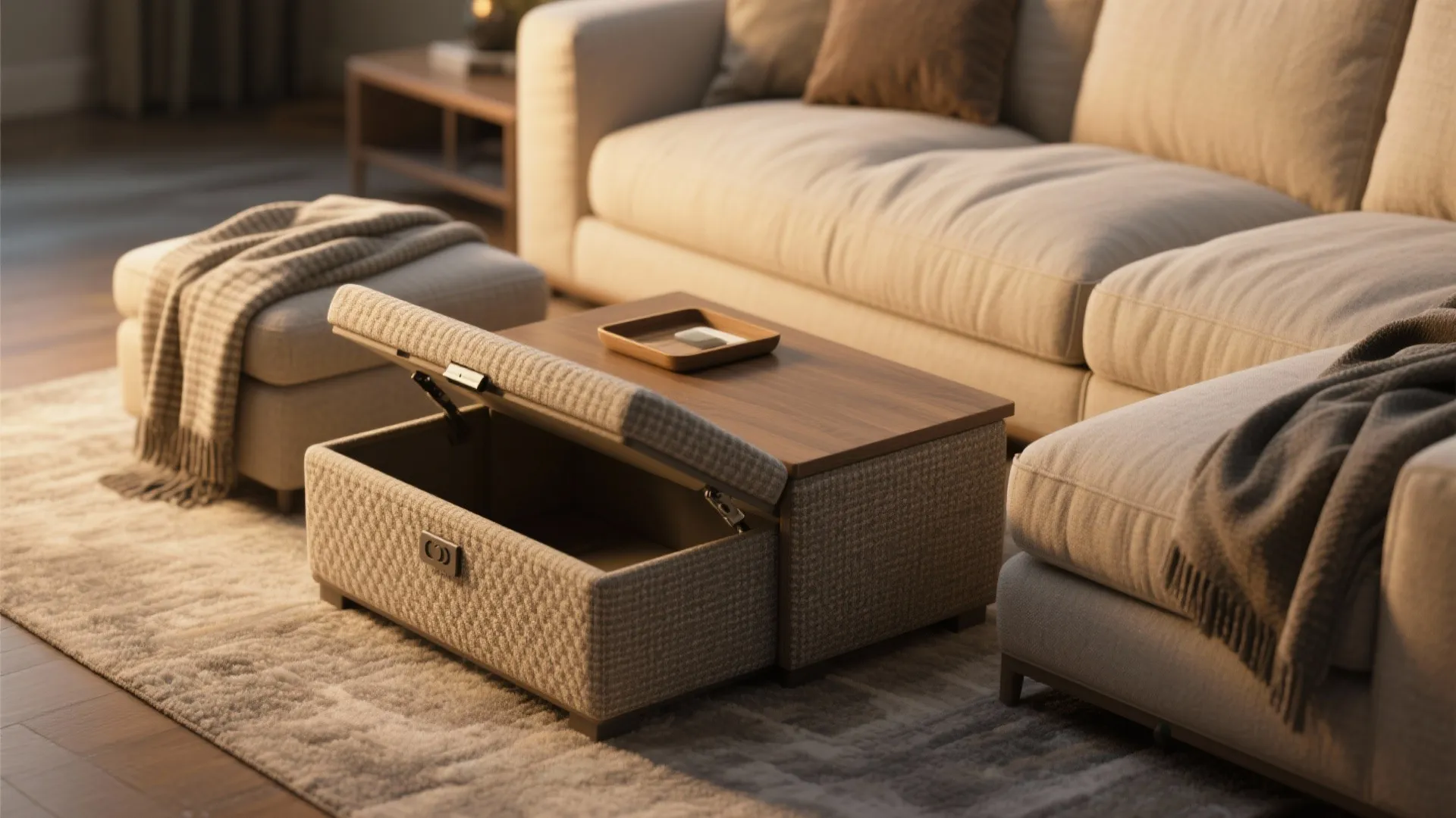 Close-up of a loveseat and a storage ottoman showing hinge and upholstery detail.
