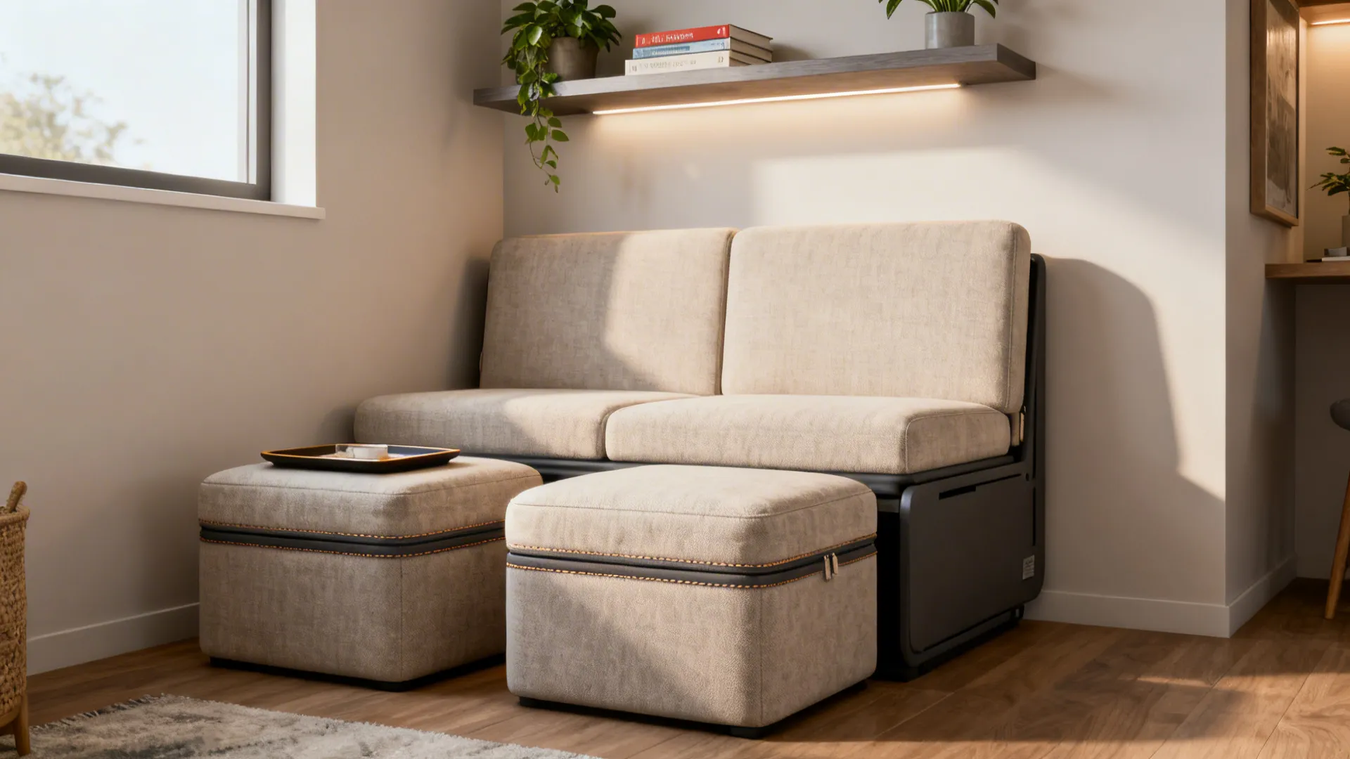 Convertible loveseat with ottomans and a floating shelf in a compact living room.