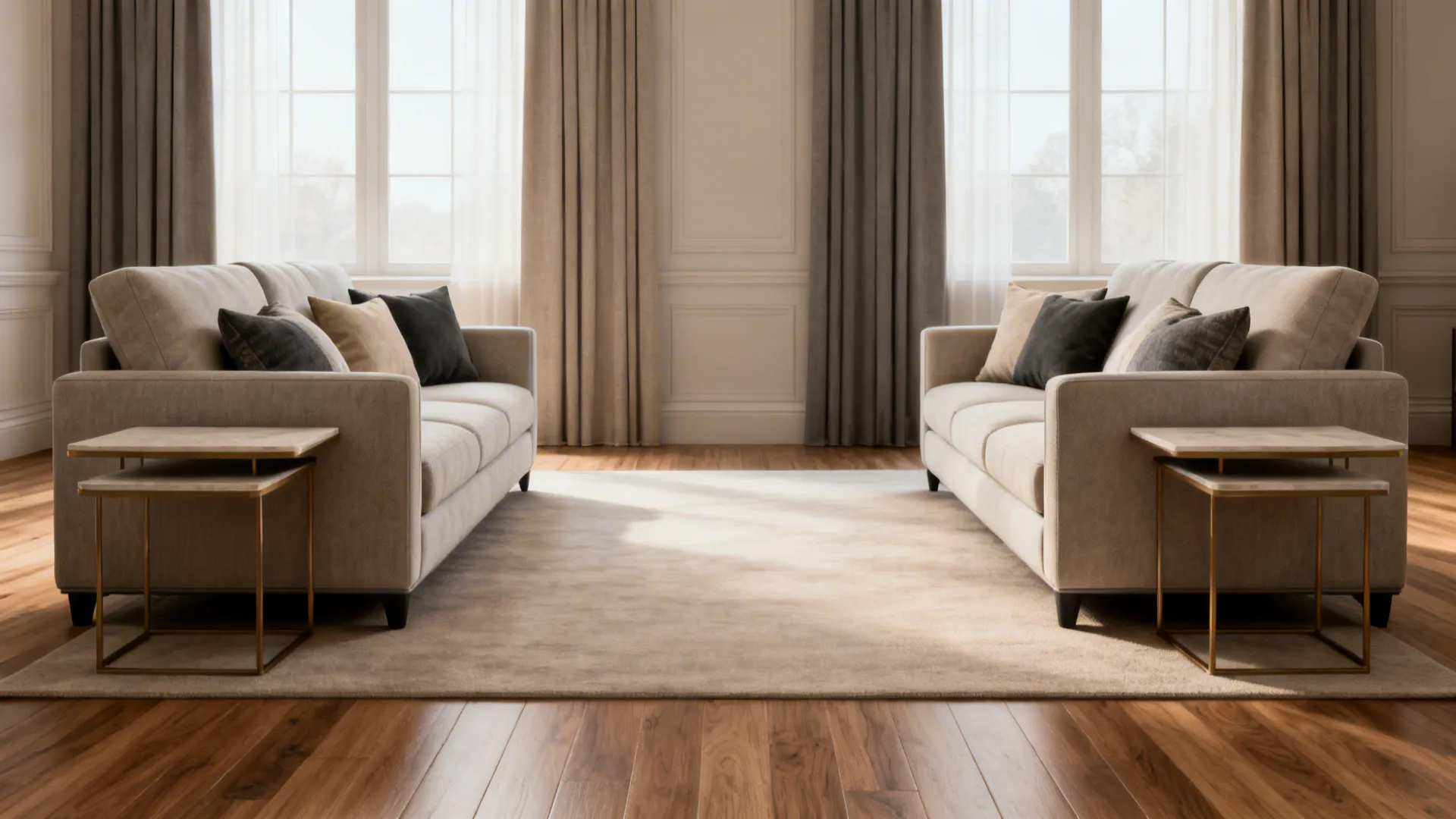 Symmetrical pair of loveseats facing each other with nested tables in a square living room.