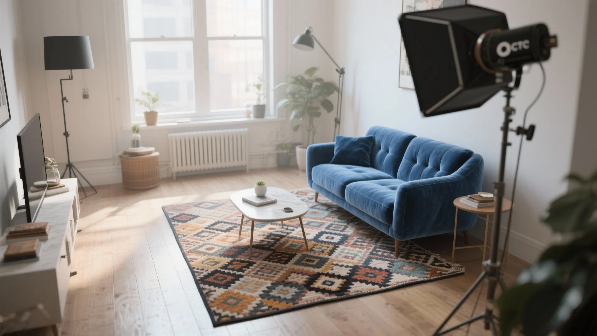 Small blue velvet loveseat paired with a patterned rug in a studio apartment.