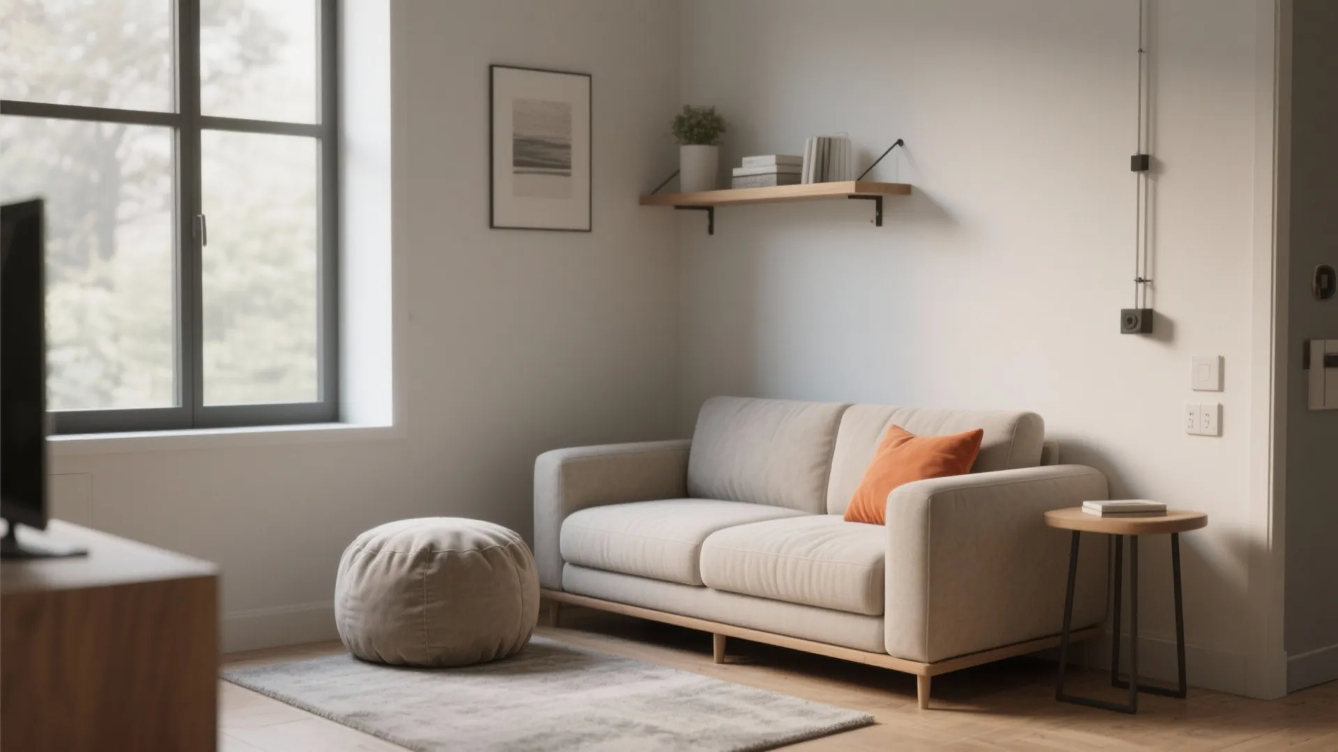 2. Convertible Loveseat + Pouf + Floating Wall Shelf as Side Table