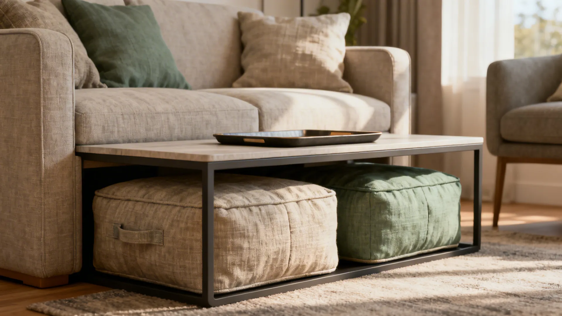 Compact loveseat with movable poufs used as seating and side tables in a small living room.