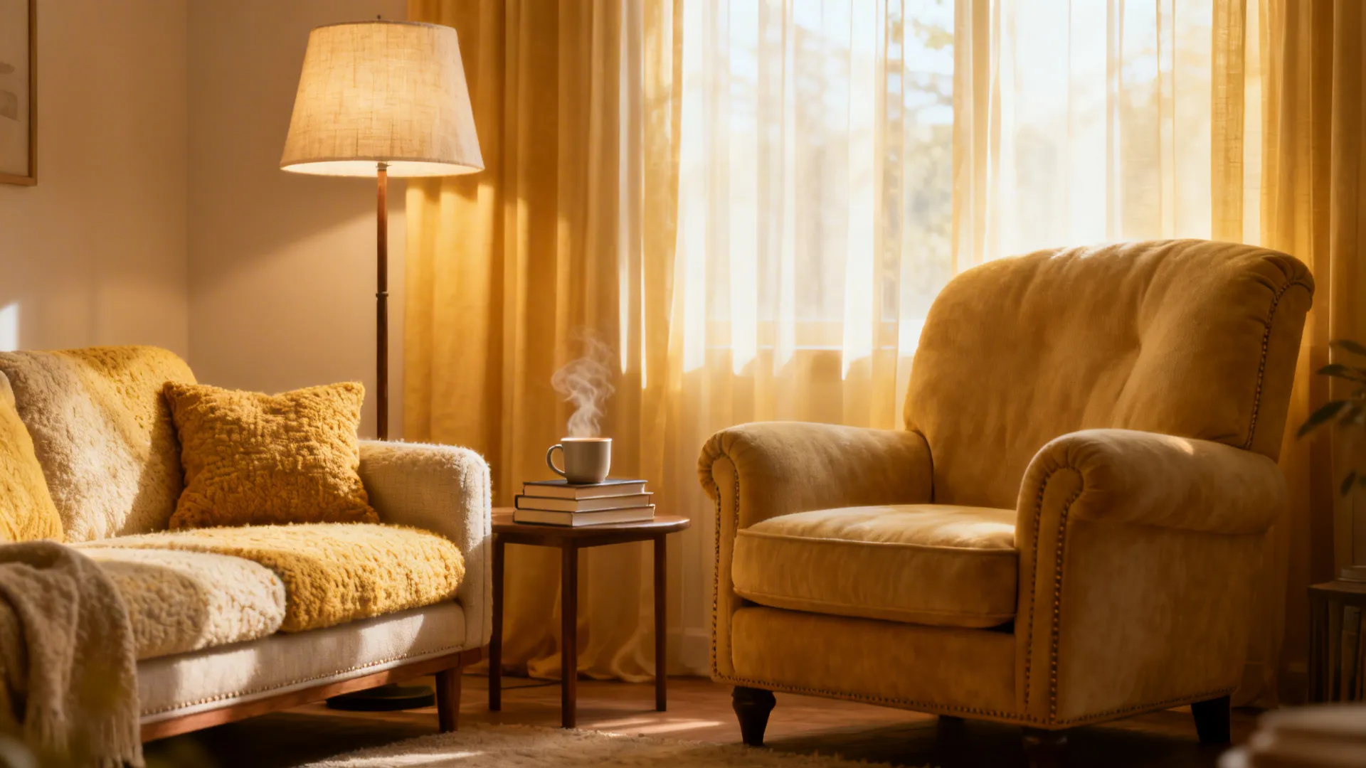 Intimate reading nook with a loveseat and oversized cushy accent chair beside a floor lamp and books.