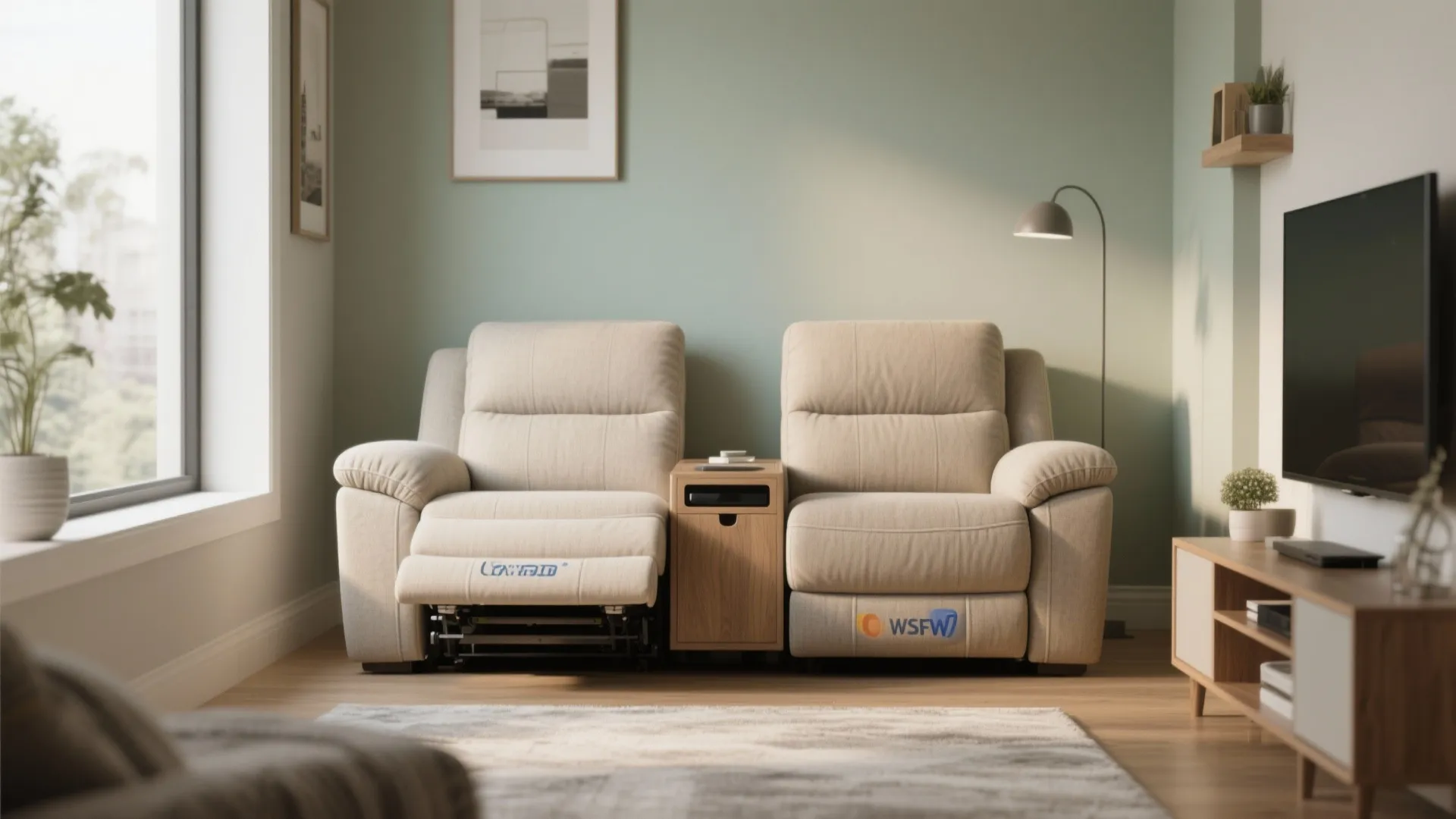 Dual-recline loveseat as small recliners for living room in an airy, wall-hugger layout.