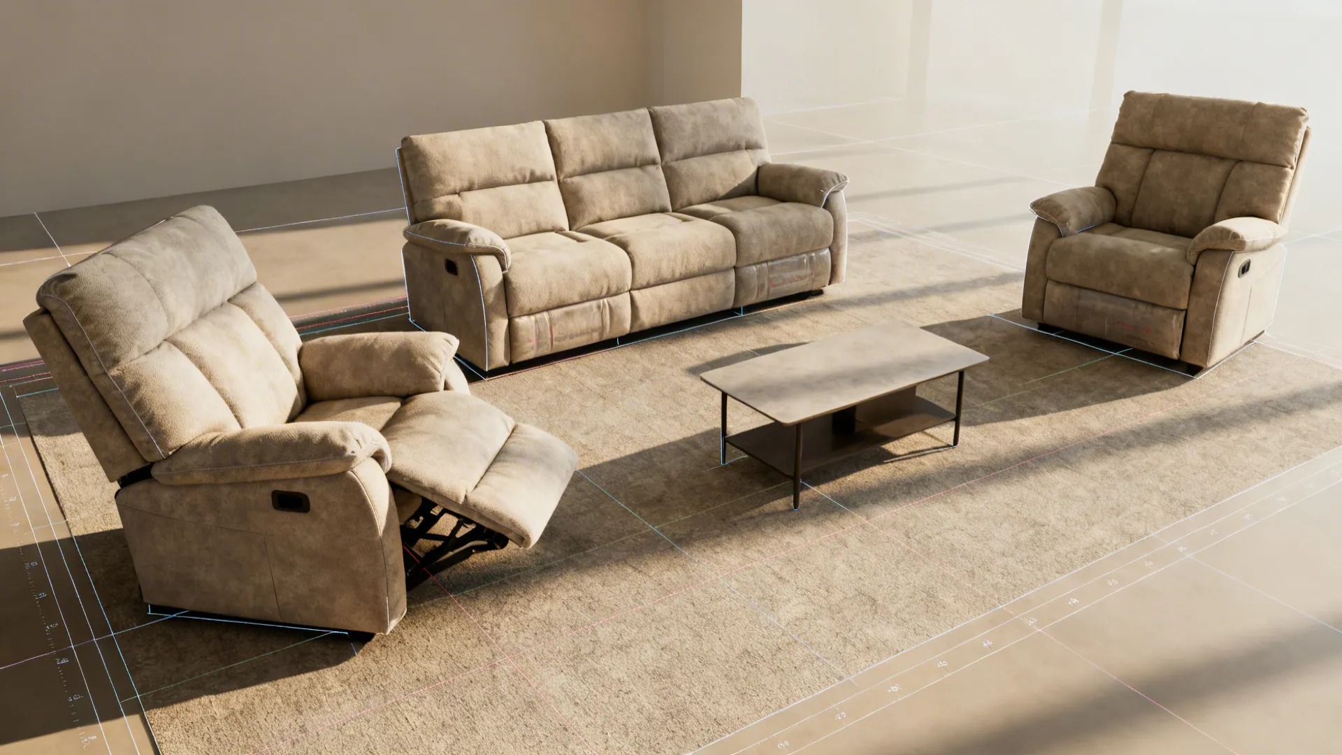 Living room with a reclining loveseat and two single recliners showing layout and clearance