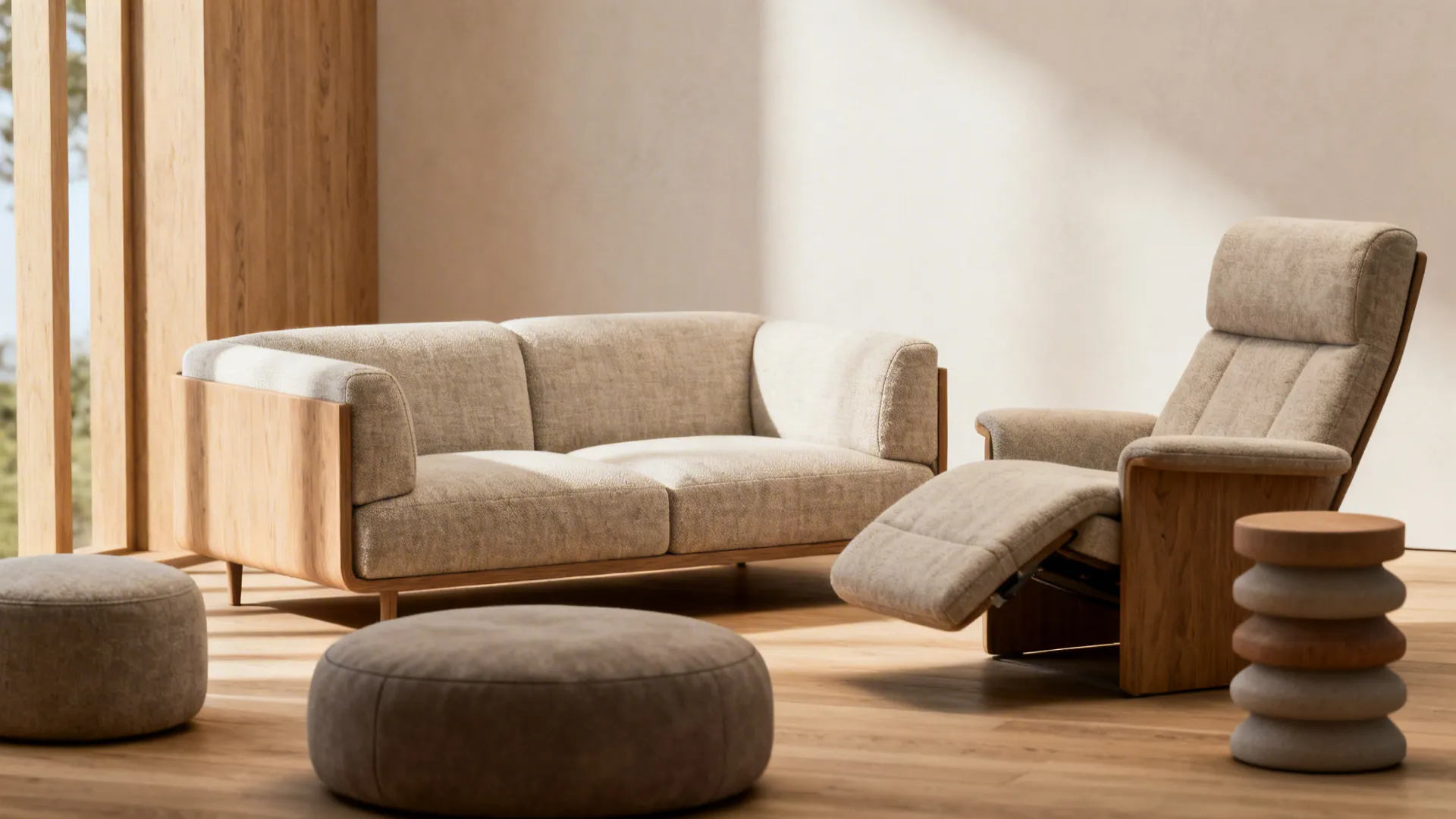 Modern living room featuring a fabric sofa recliner chair two footrests and wood side table