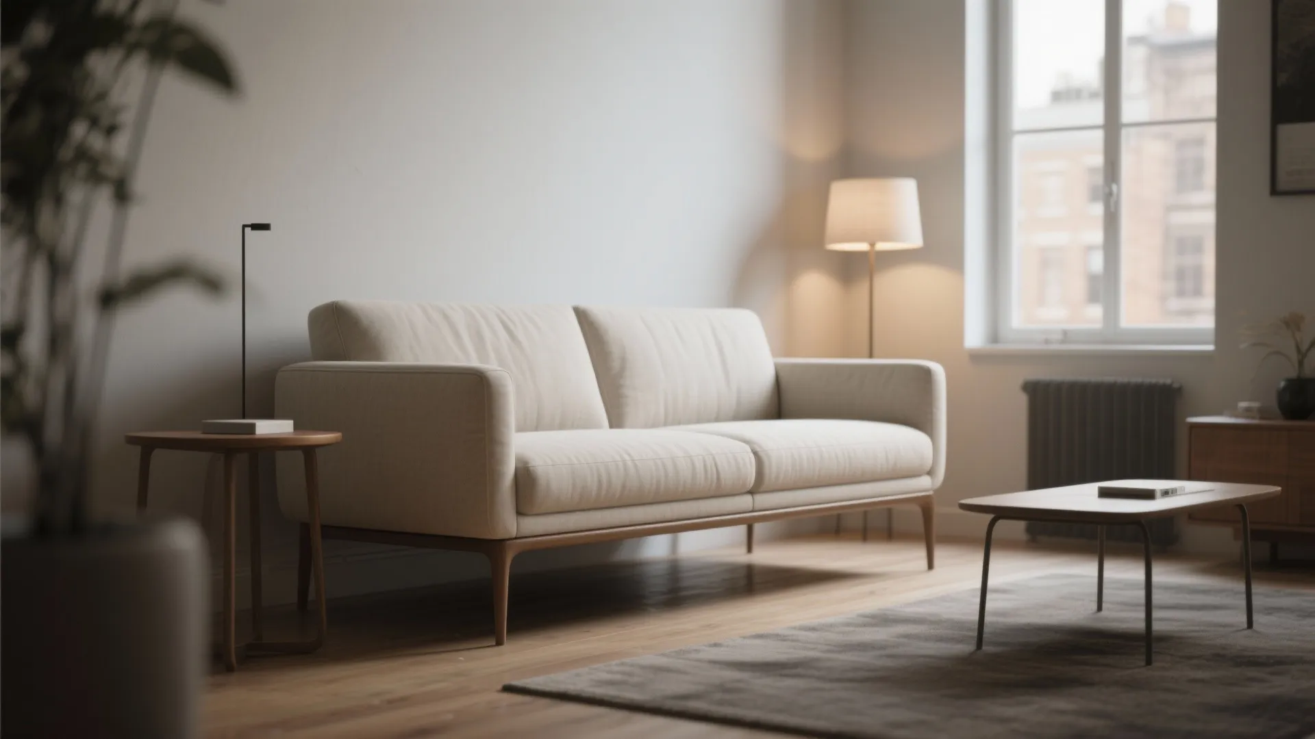 Minimalist living room with a beige sofa wooden side table floor lamp and grey rug