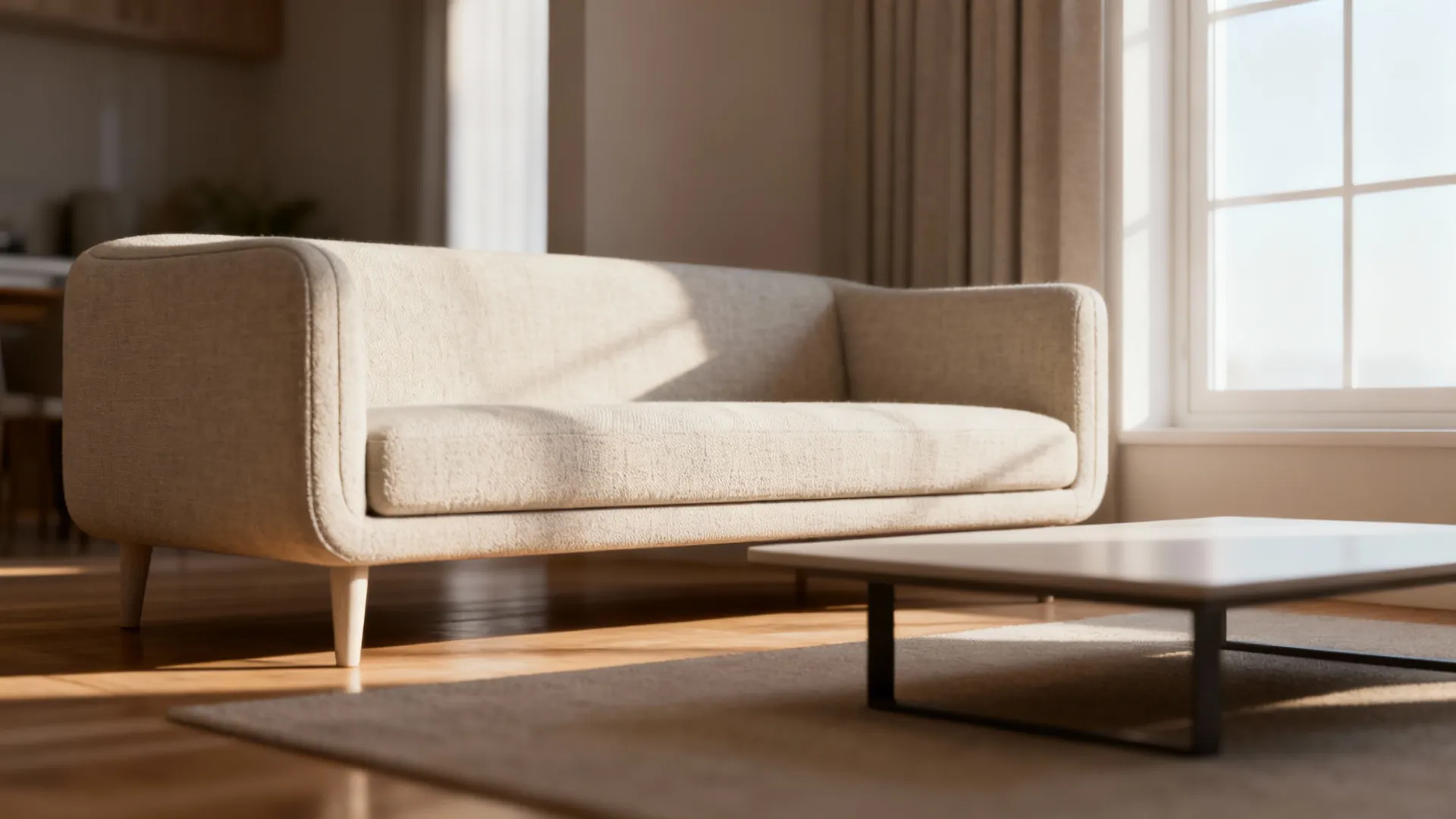 Small living room with a compact loveseat and a narrow sofa on legs creating open sightlines.