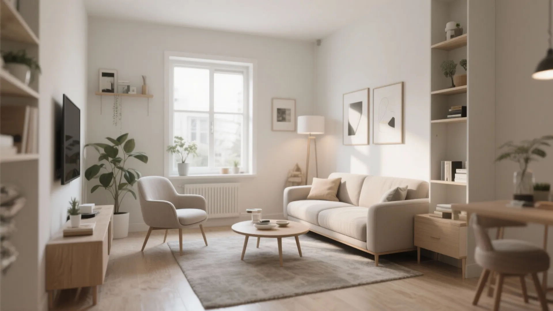 Modern apartment interior featuring beige sofa round coffee table tall bookshelf and green indoor house plants
