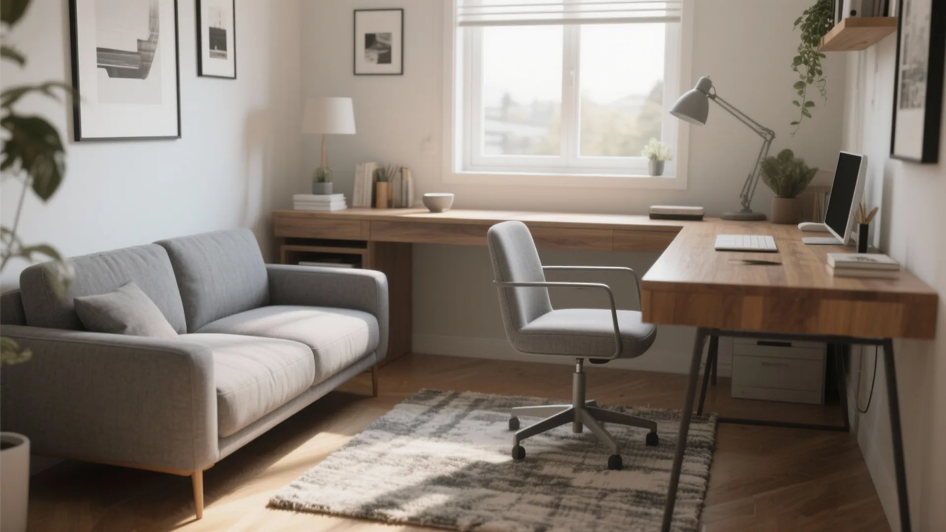 Small office with compact gray loveseat and desk
