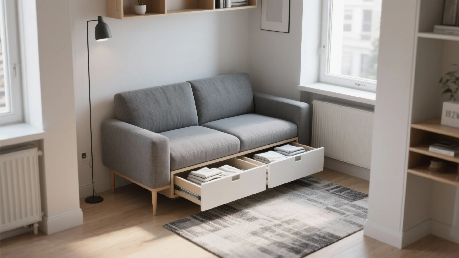 Grey sofa with two open white storage drawers containing folded clothes on a patterned rug