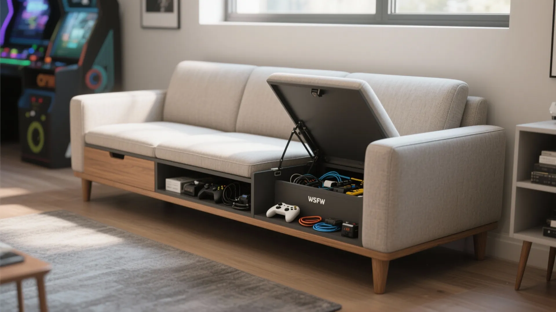 Modern grey sofa with built in storage compartment for game controllers and various electronic cables