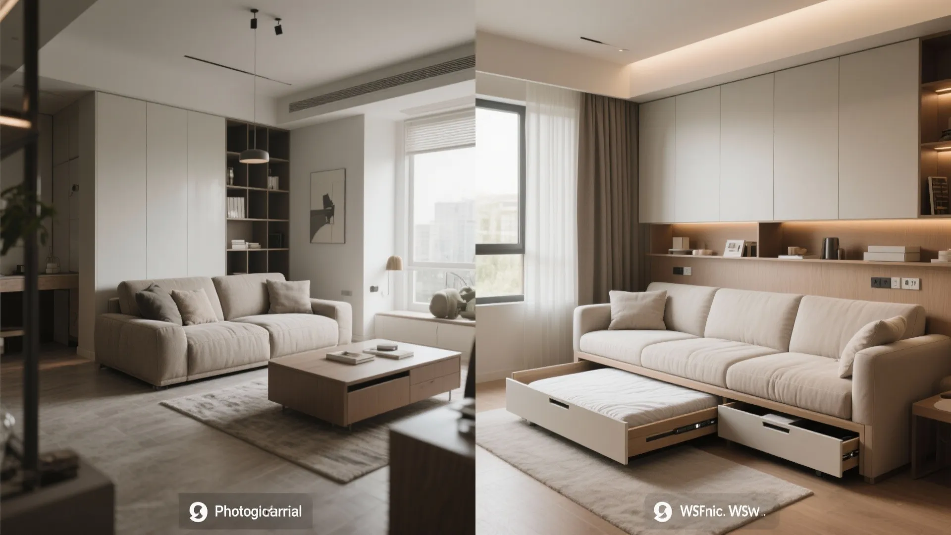 Before and after view of a beige sofa transformed into a bed with hidden storage