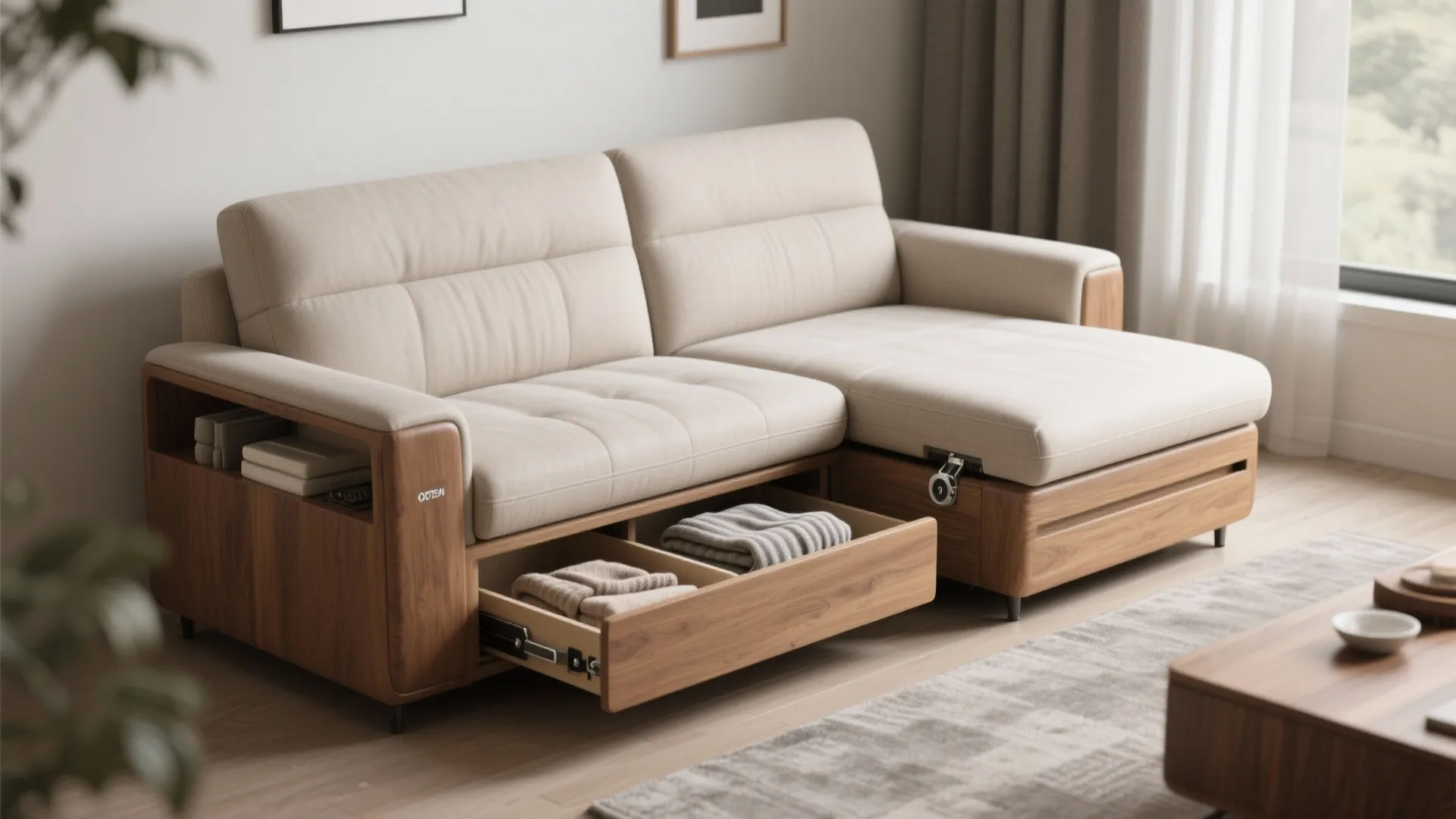 Beige fabric sofa with wooden frame showing open storage drawers for towels and home items