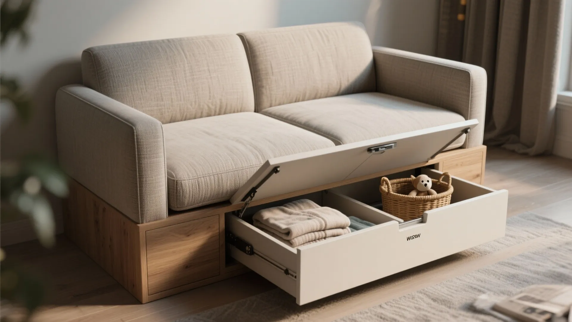 Beige sofa with open storage drawer containing folded clothes and a small basket with toy