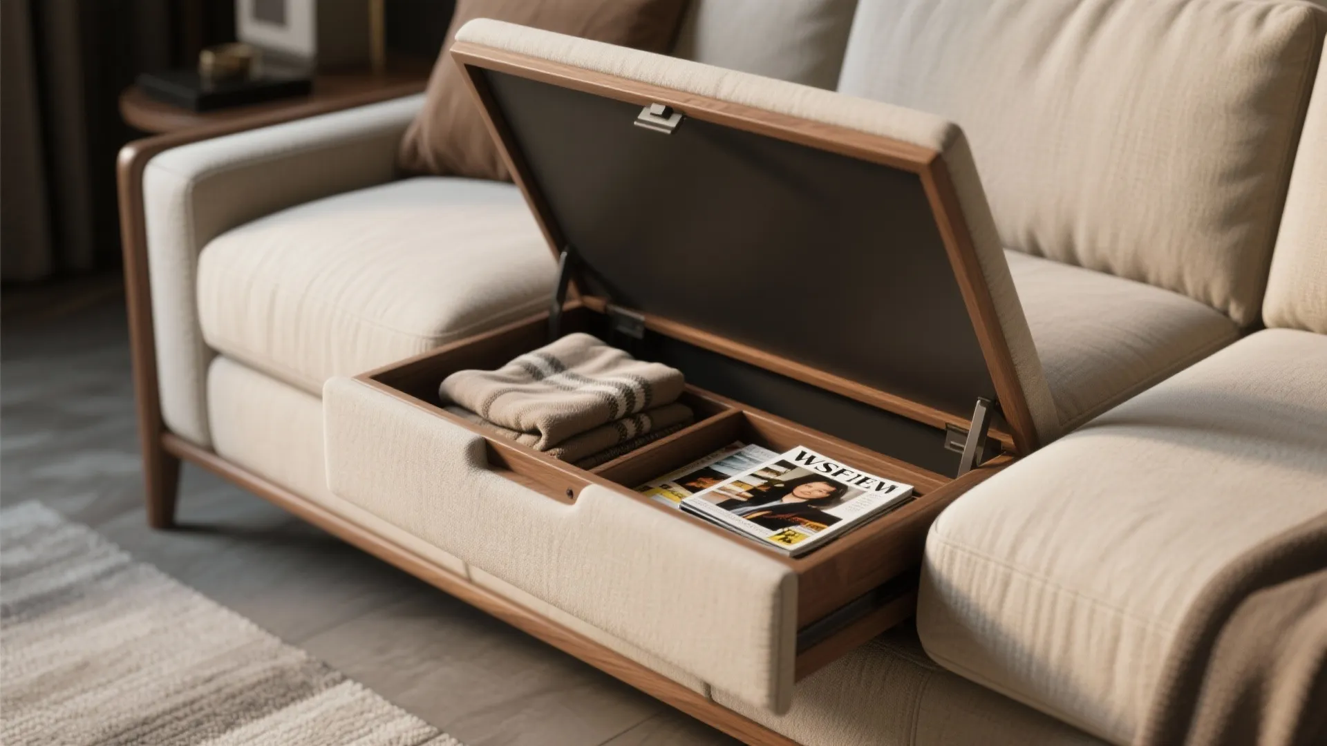 Beige sofa with open hidden storage compartment showing folded blanket and magazine inside wooden frame