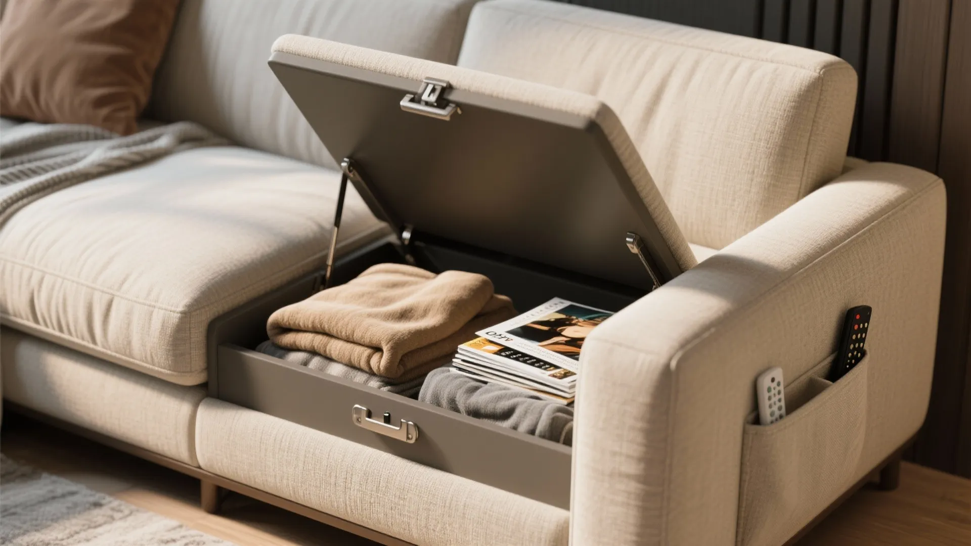Beige sofa with hidden storage space containing blankets and magazines under the lifted seat cushion