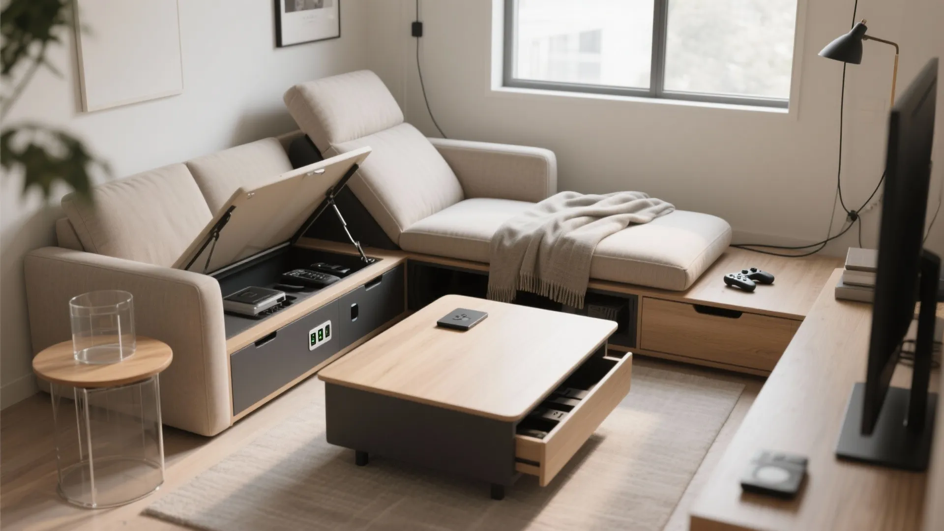 Beige sofa with open storage compartment for remotes and a wooden coffee table with drawer