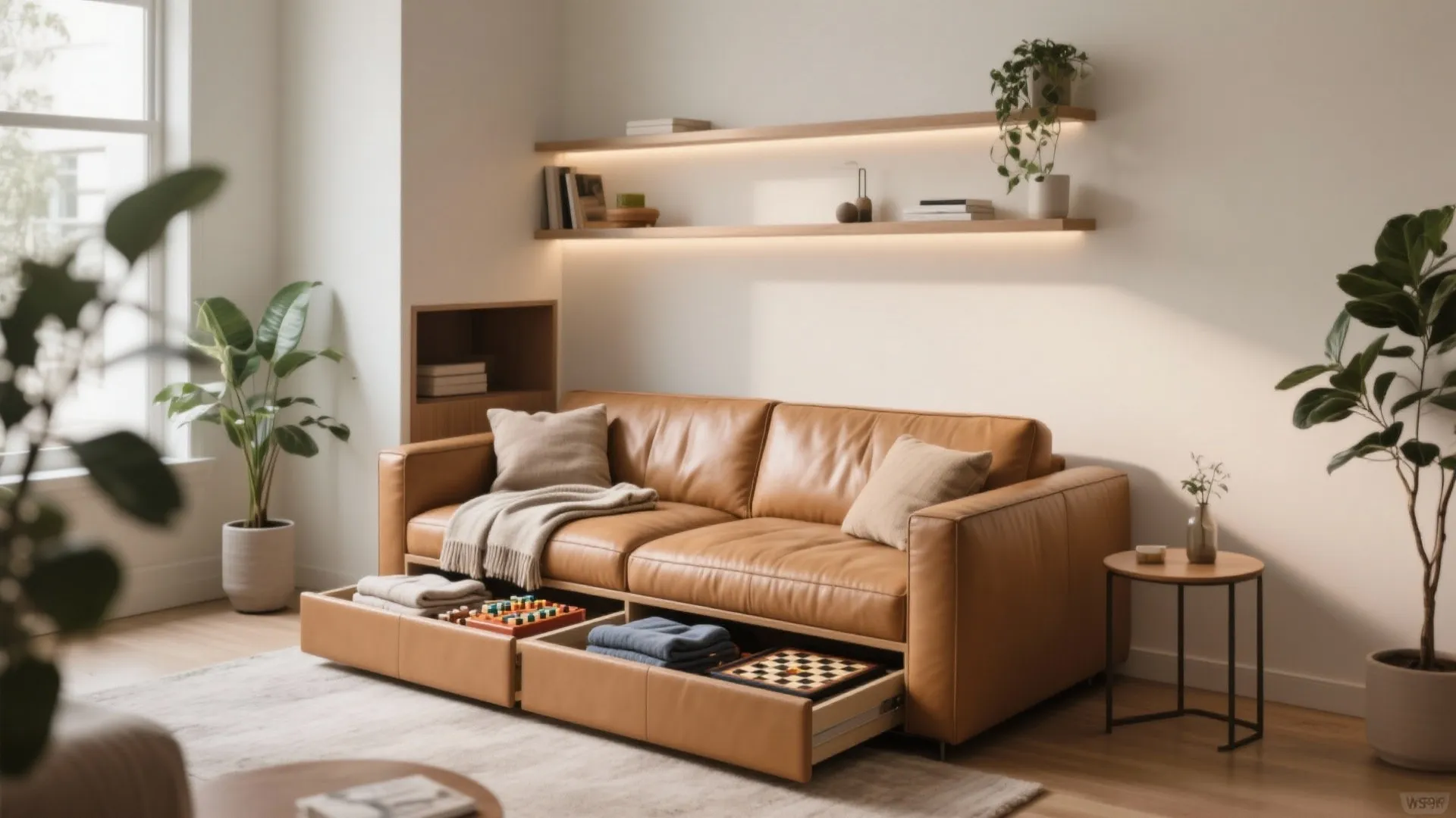 Brown leather sofa with open storage drawers containing blankets and games in a warm room