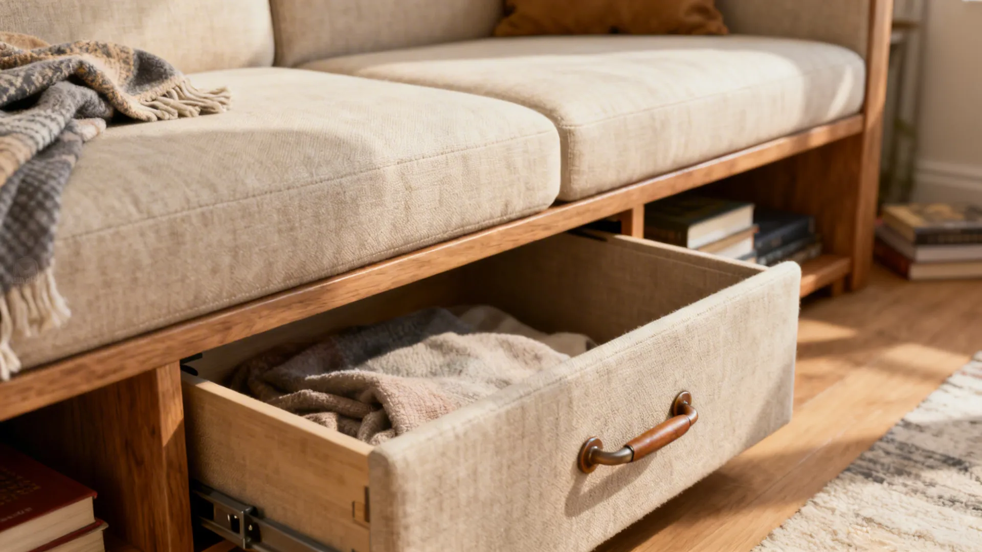 Compact loveseat with built-in under-seat storage drawers open showing blankets.