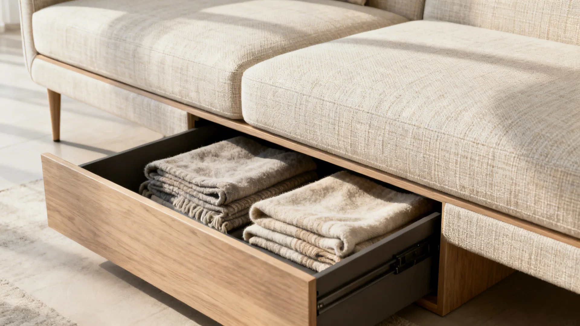 Slim loveseat with built-in under-seat storage showing folded blankets and woven fabric texture