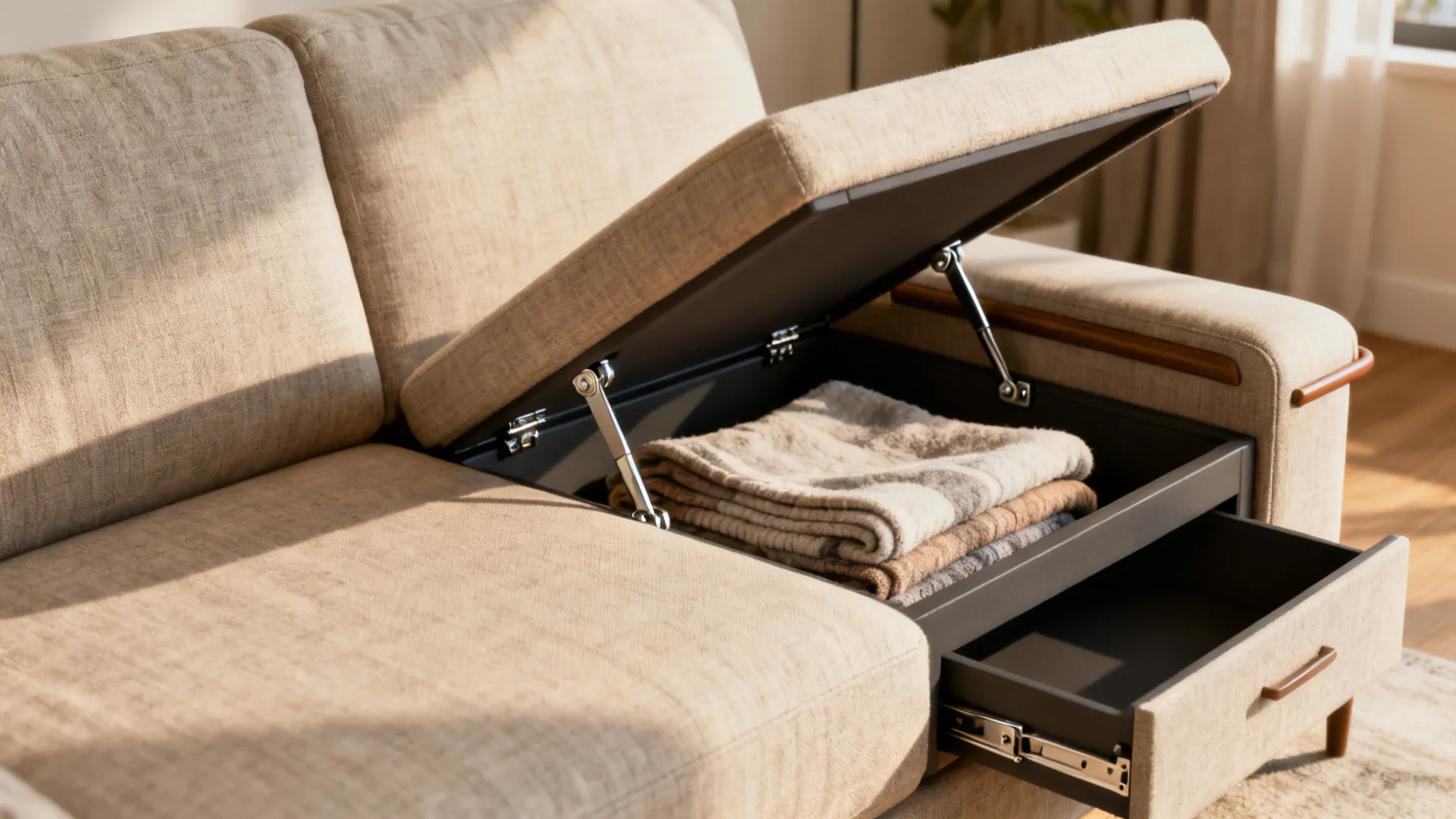 Loveseat with seat lifted to show hidden storage compartment and durable hardware