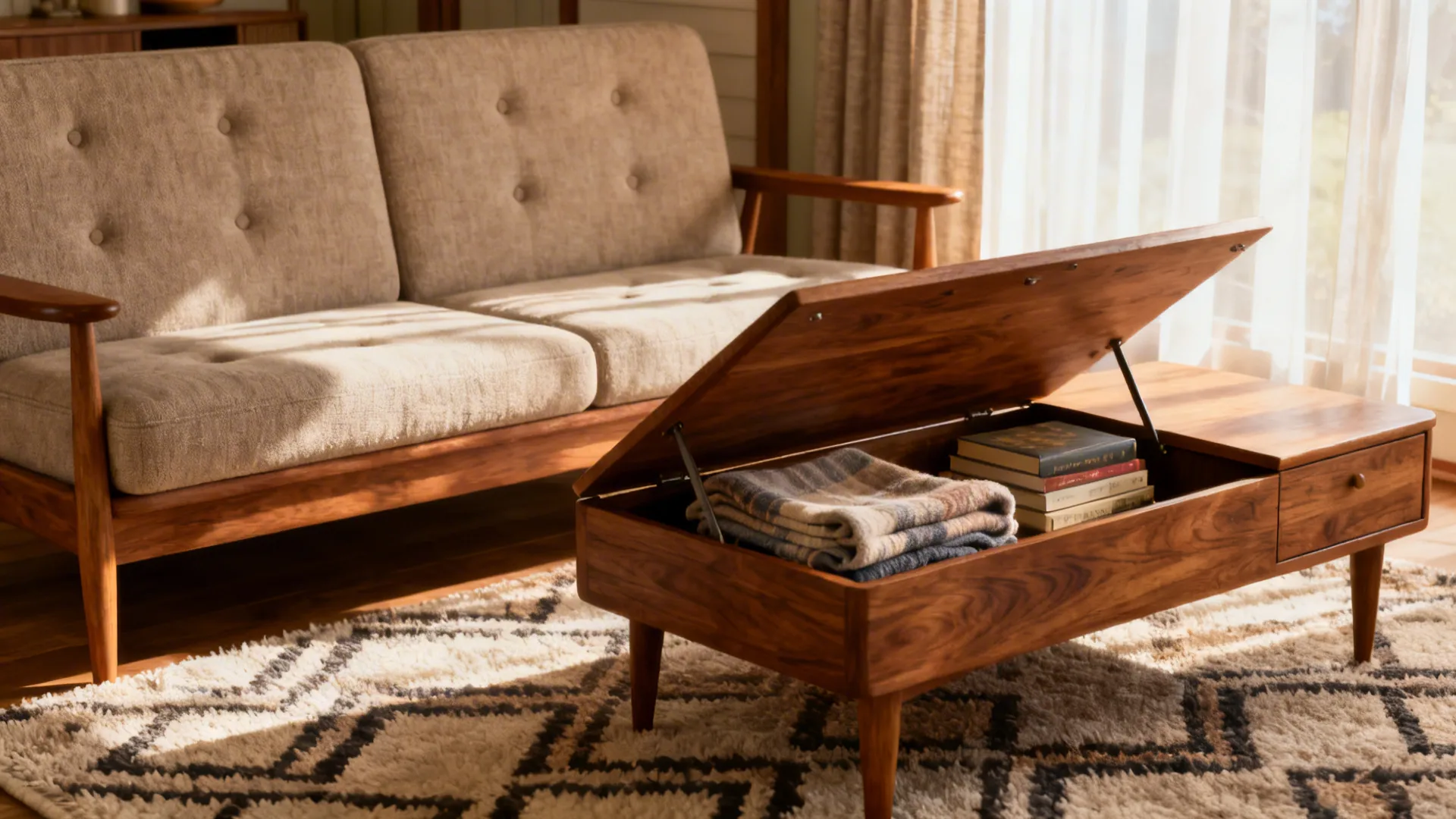 Compact loveseat paired with a lift-top storage coffee table in a bungalow living room.