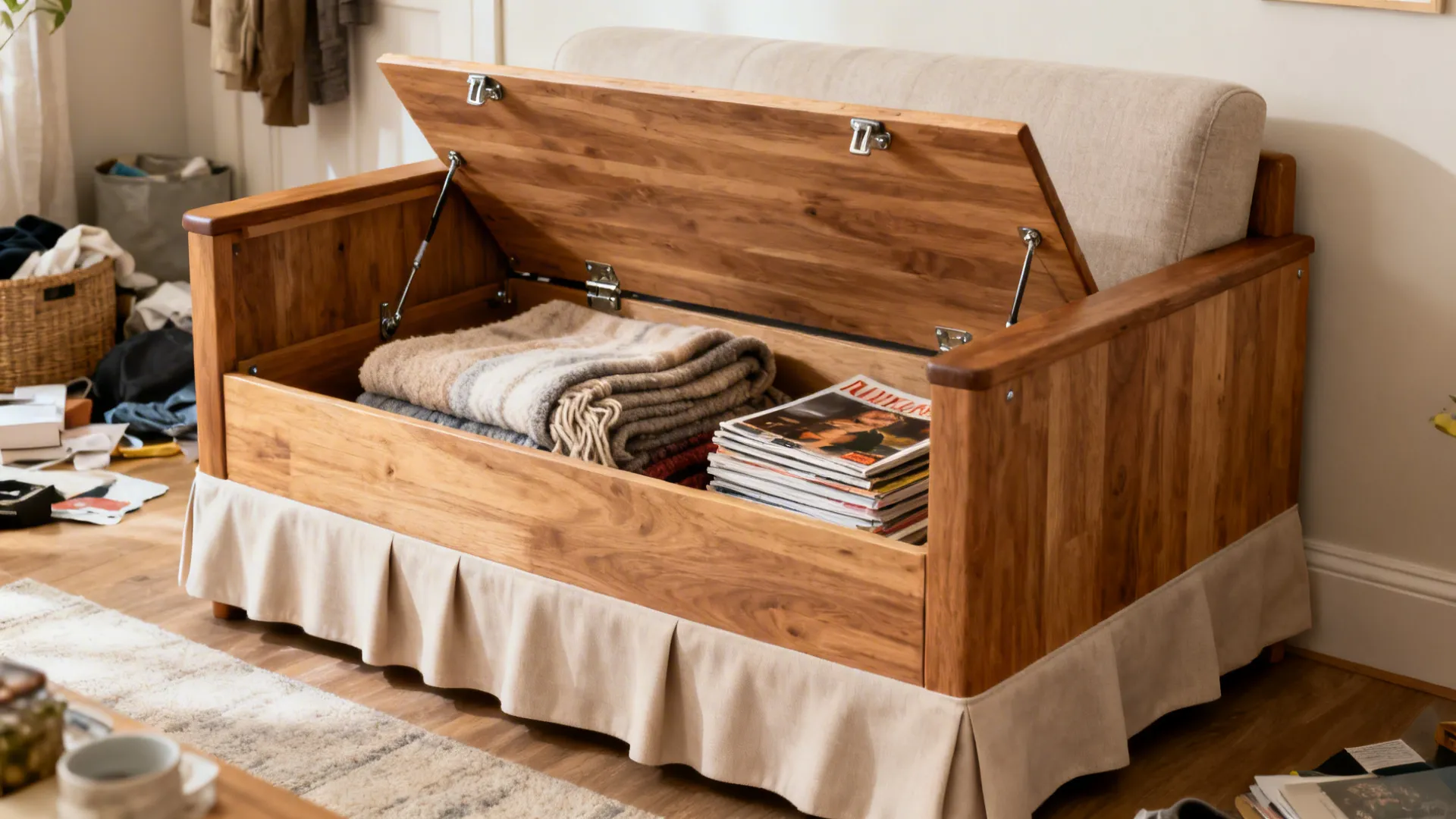 Compact wooden loveseat with lift-up seat storage neatly organizing textiles and magazines.