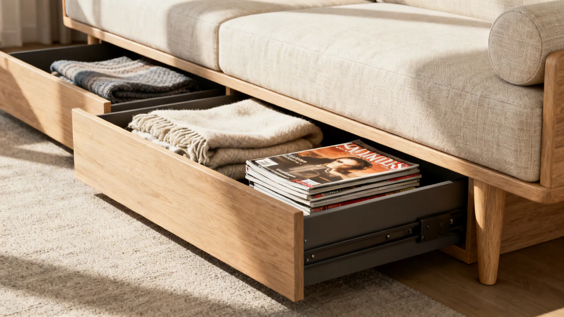 Close-up of a slim loveseat with under-seat drawers storing throws and magazines