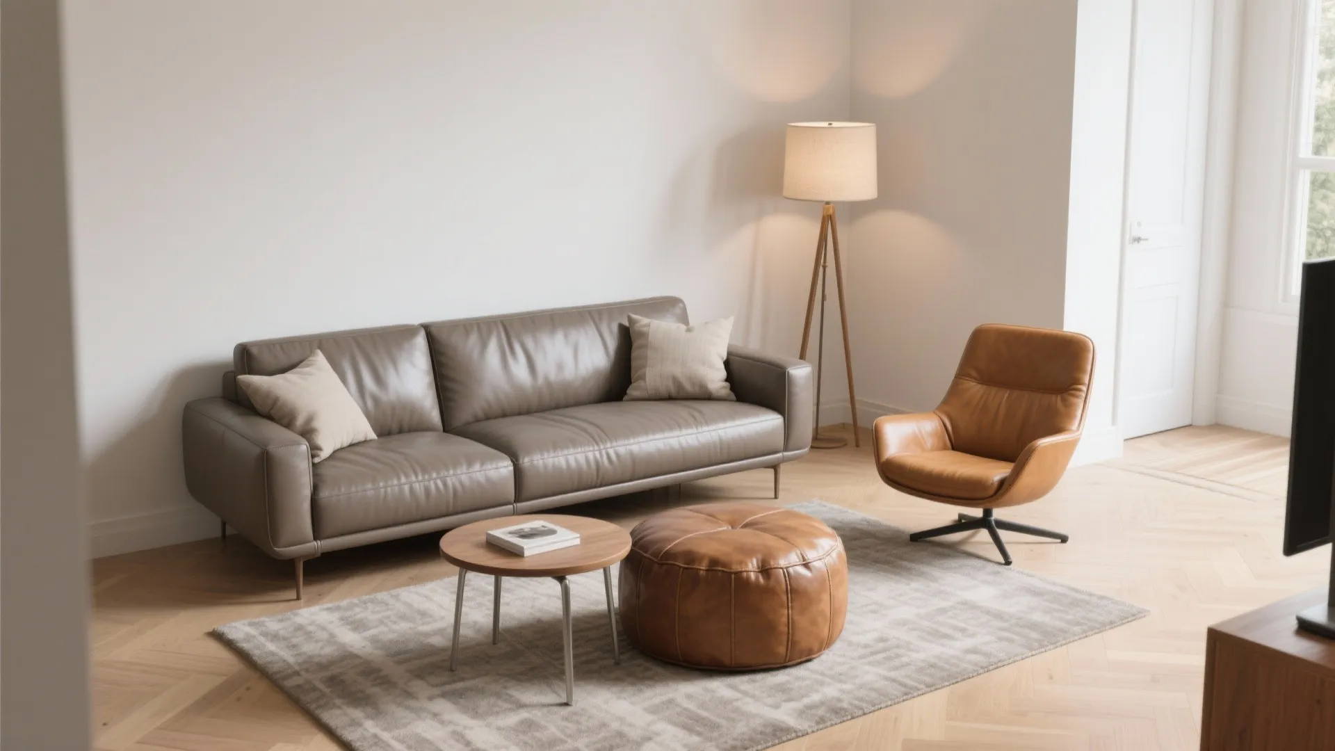 Modern living room featuring grey leather sofa wooden coffee table leather footrest and brown chair