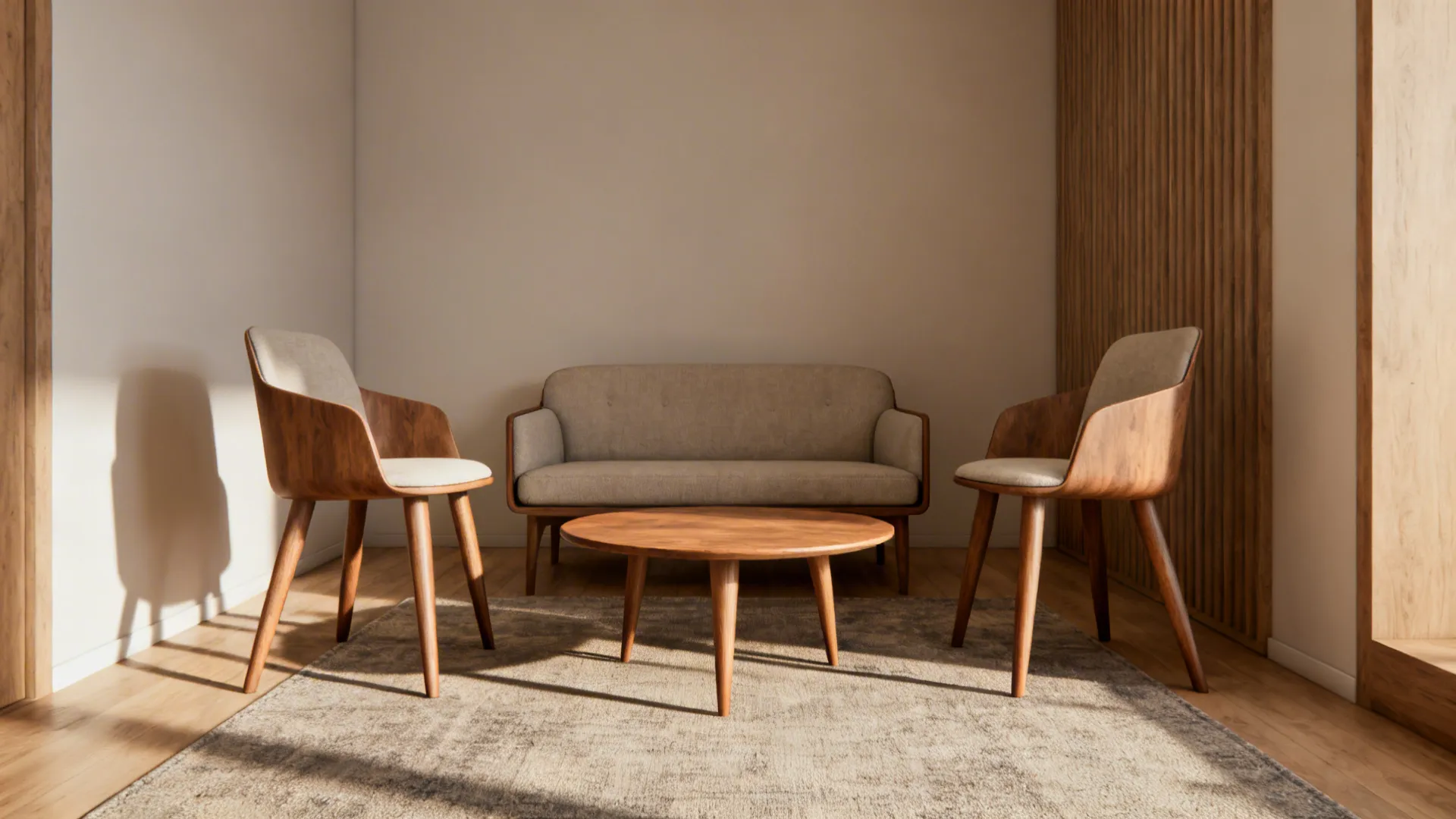 3. Compact loveseat, tapered-leg side chairs, and round coffee table