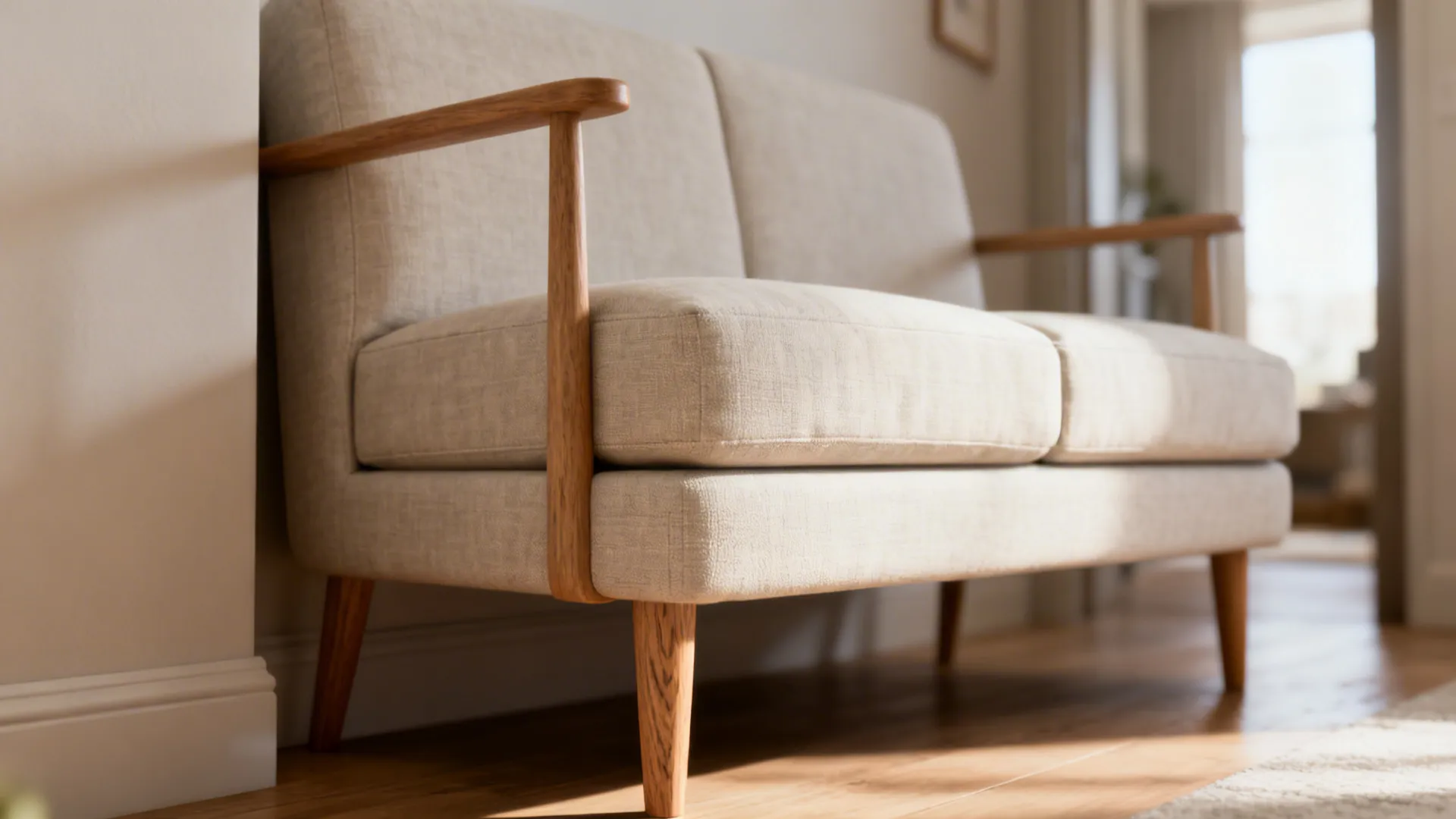 Close-up of a compact loveseat with thin arms and removable cushion covers in a light neutral room.
