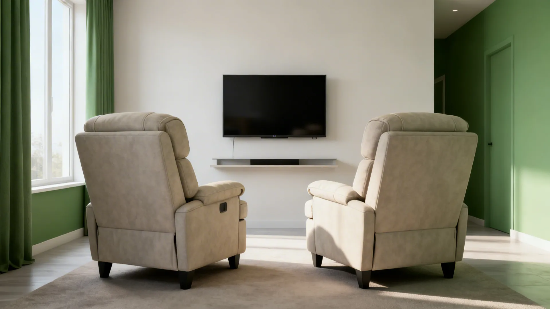 Small living room with a loveseat recliner facing a wall-mounted TV and a slim floating shelf underneath.