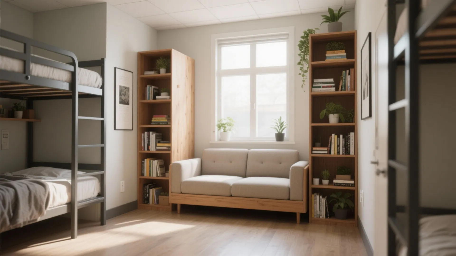 Dorm room featuring metal bunk beds grey sofa wooden bookshelves large window and light wood flooring