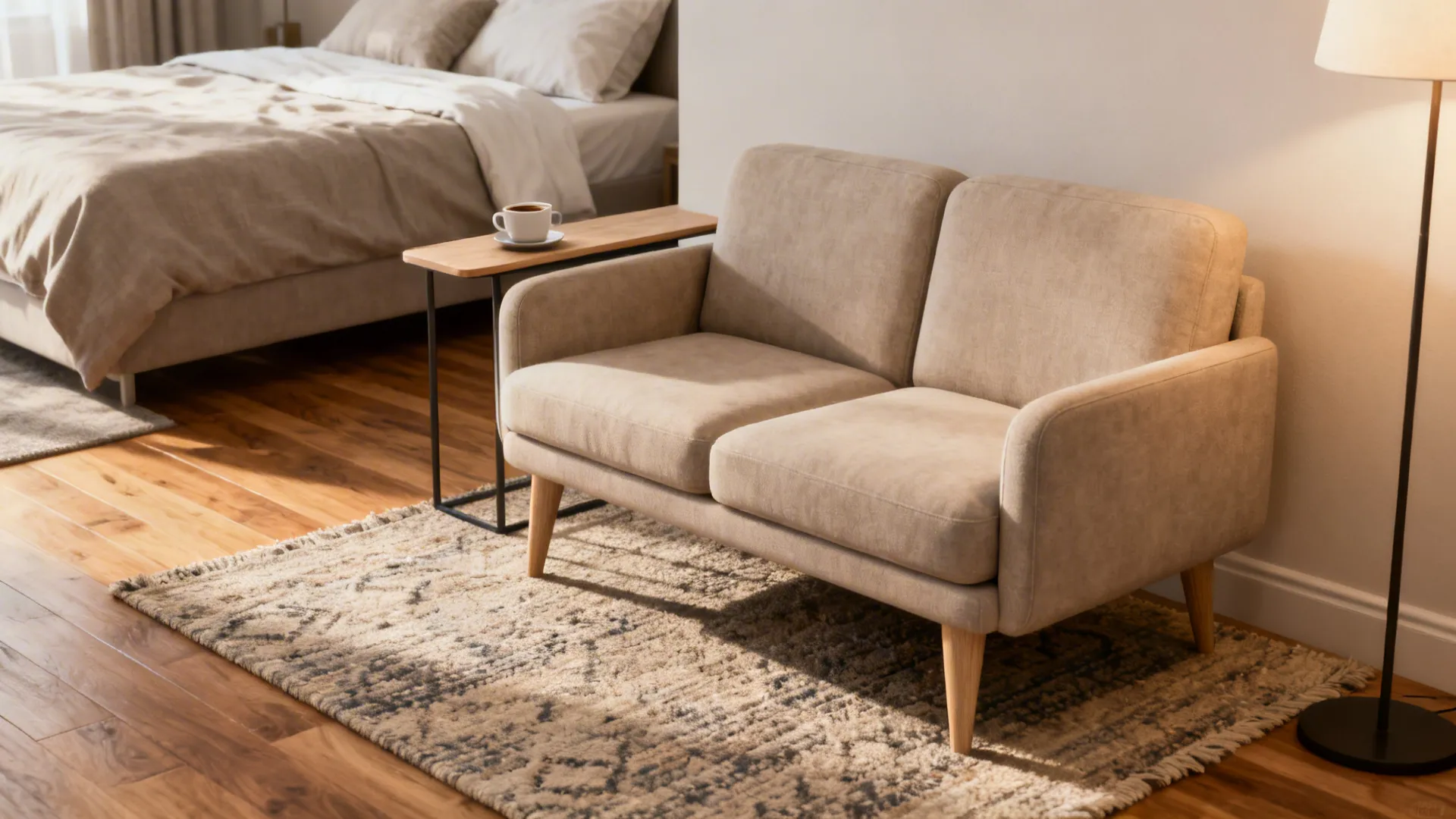 Small two-seat sofa with tapered legs on a rug creating a defined sitting area in a master bedroom