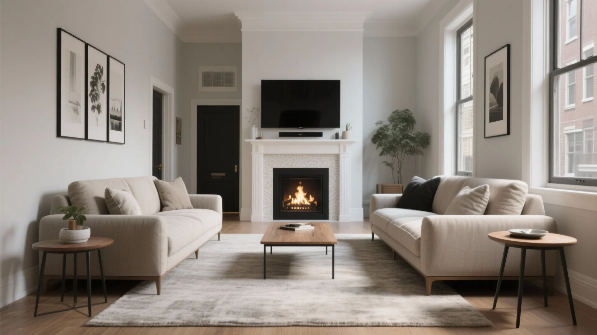 Two loveseats face each other across a slim coffee table with a fireplace focal point.