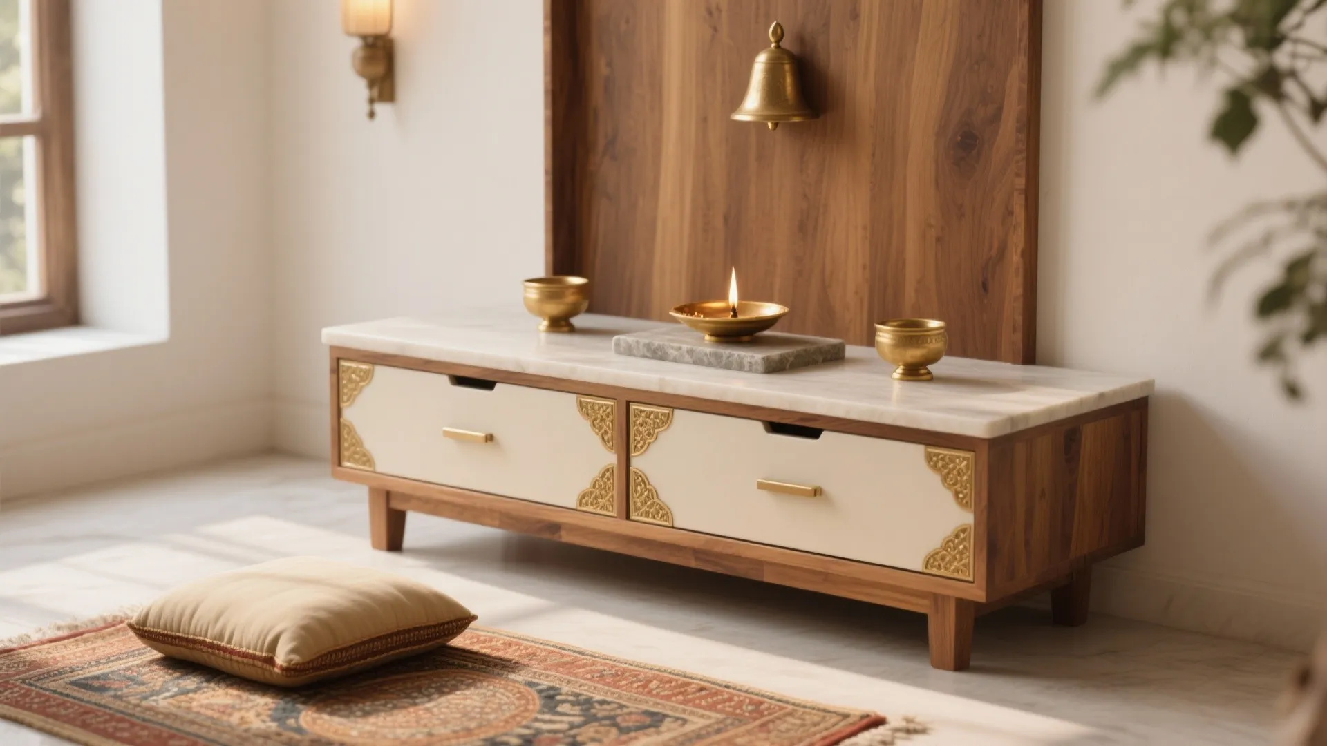 Low altar unit with drawers and brass highlights